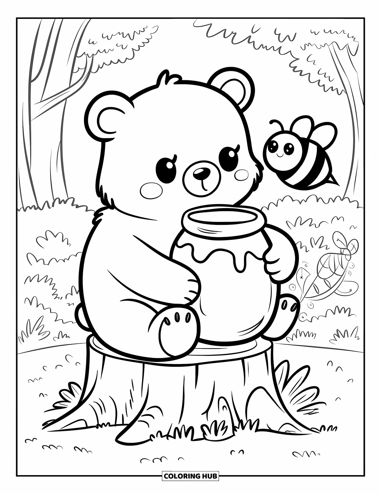 Disegno di orso da colorare per adulti: Un orso su un ceppo d'albero abbraccia un barattolo di miele mentre un'ape svolazza