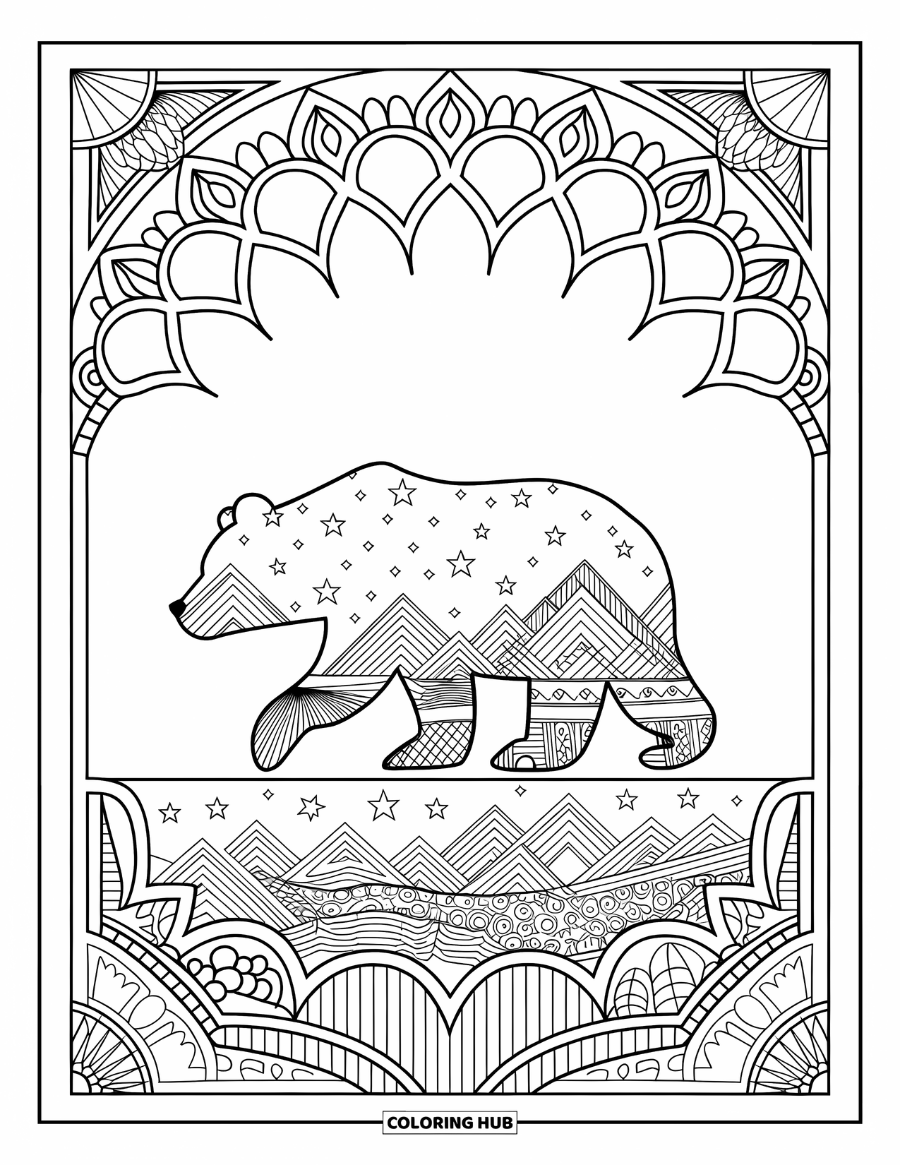 Disegno di orso da colorare per adulti: Una silhouette di orso è riempita con un cielo notturno, stelle e montagne su bianco