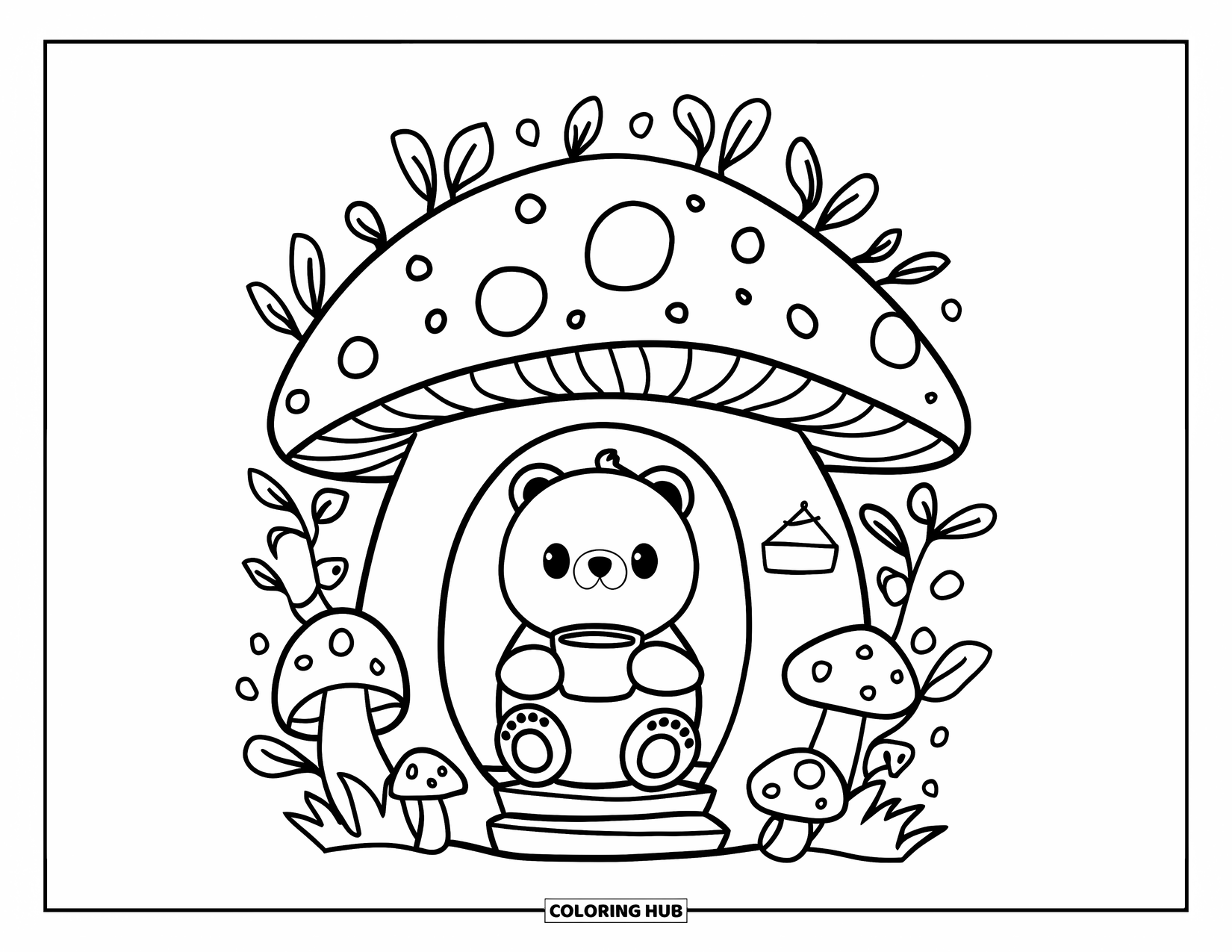 Disegno di orso da colorare per adulti: Un orso siede in una casa a forma di fungo tenendo una tazza di cacao caldo vicino a dei viticci