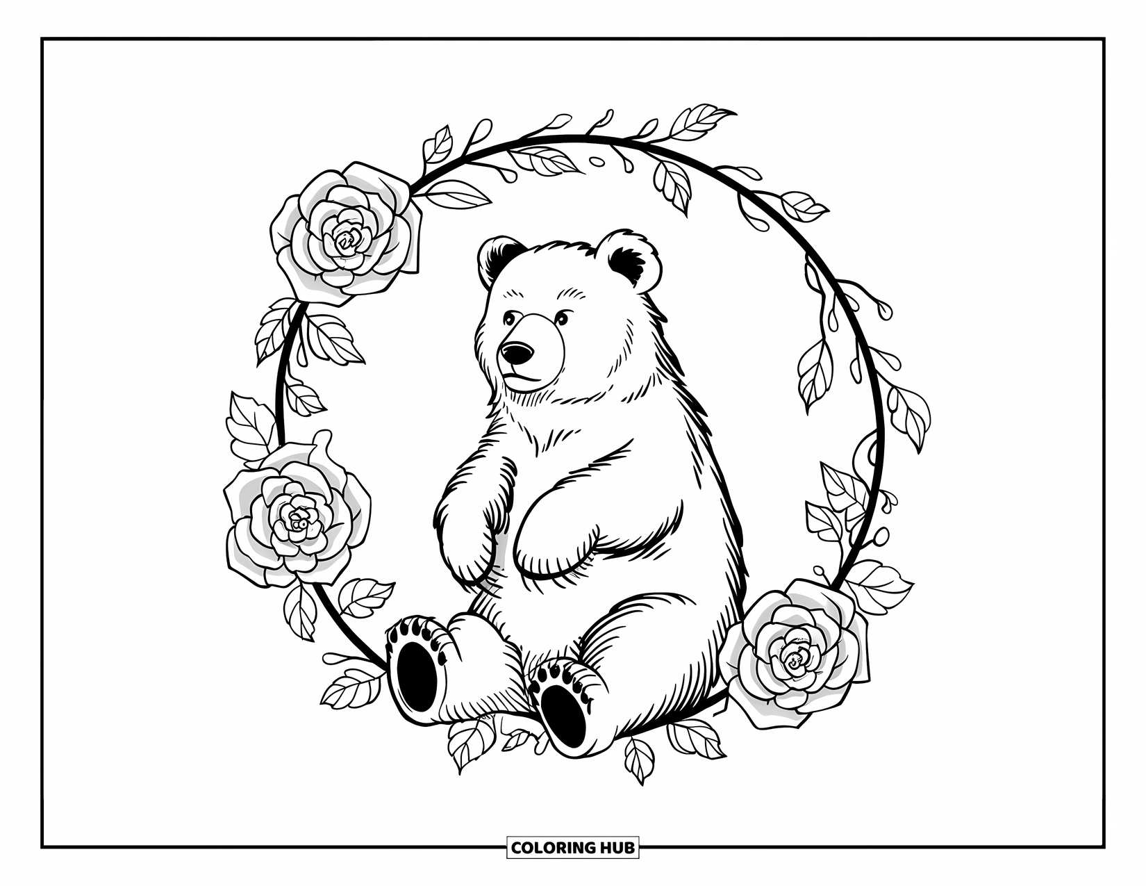 Disegno di orso da colorare per adulti: Un orso è seduto sulle zampe posteriori all'interno di una cornice circolare di rose e viti