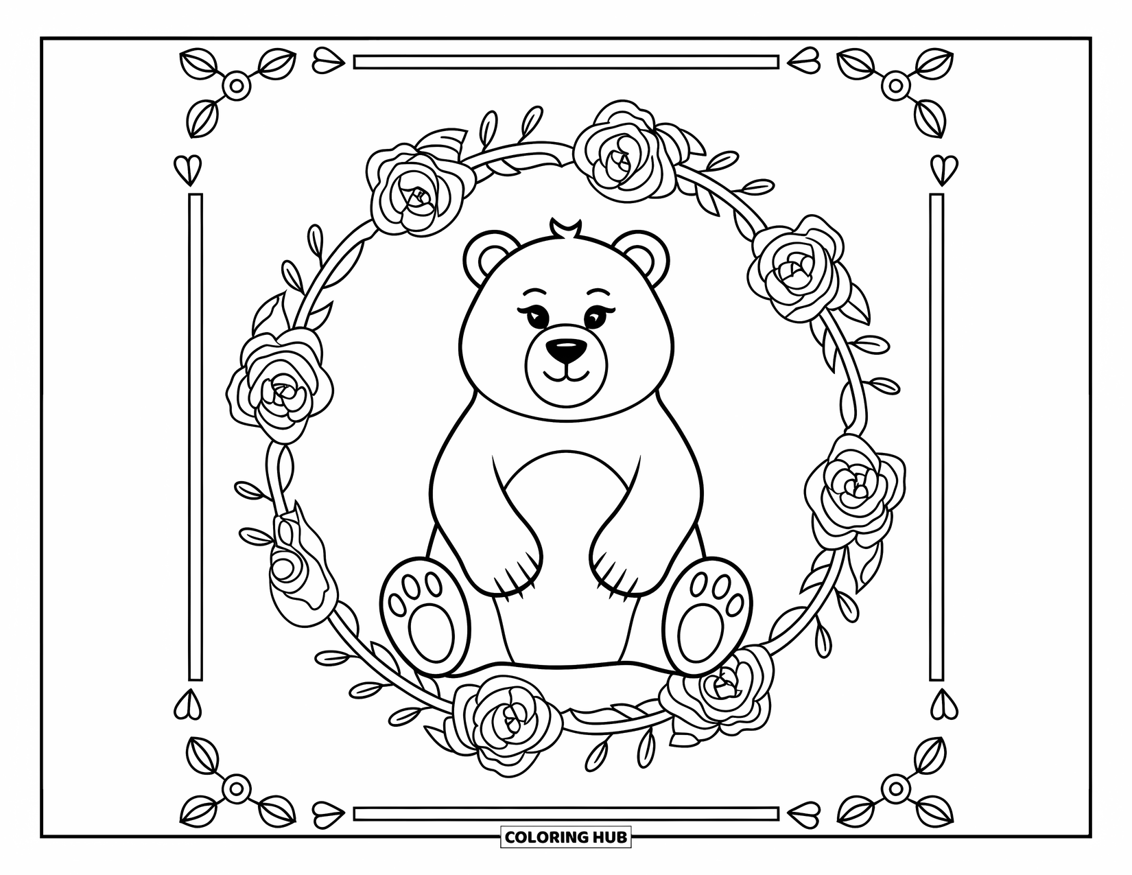 Disegno di orso da colorare per adulti: Un orso è seduto eretto in una cornice floreale circolare con un bordo decorativo