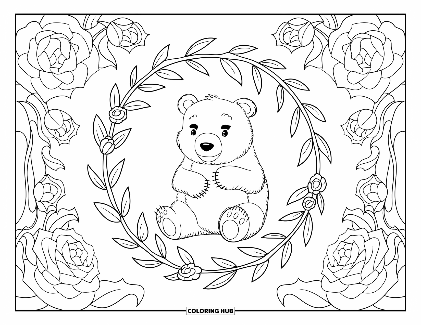 Disegno di orso da colorare per adulti: Un orso è seduto con le zampe sul petto all'interno di una cornice circolare floreale