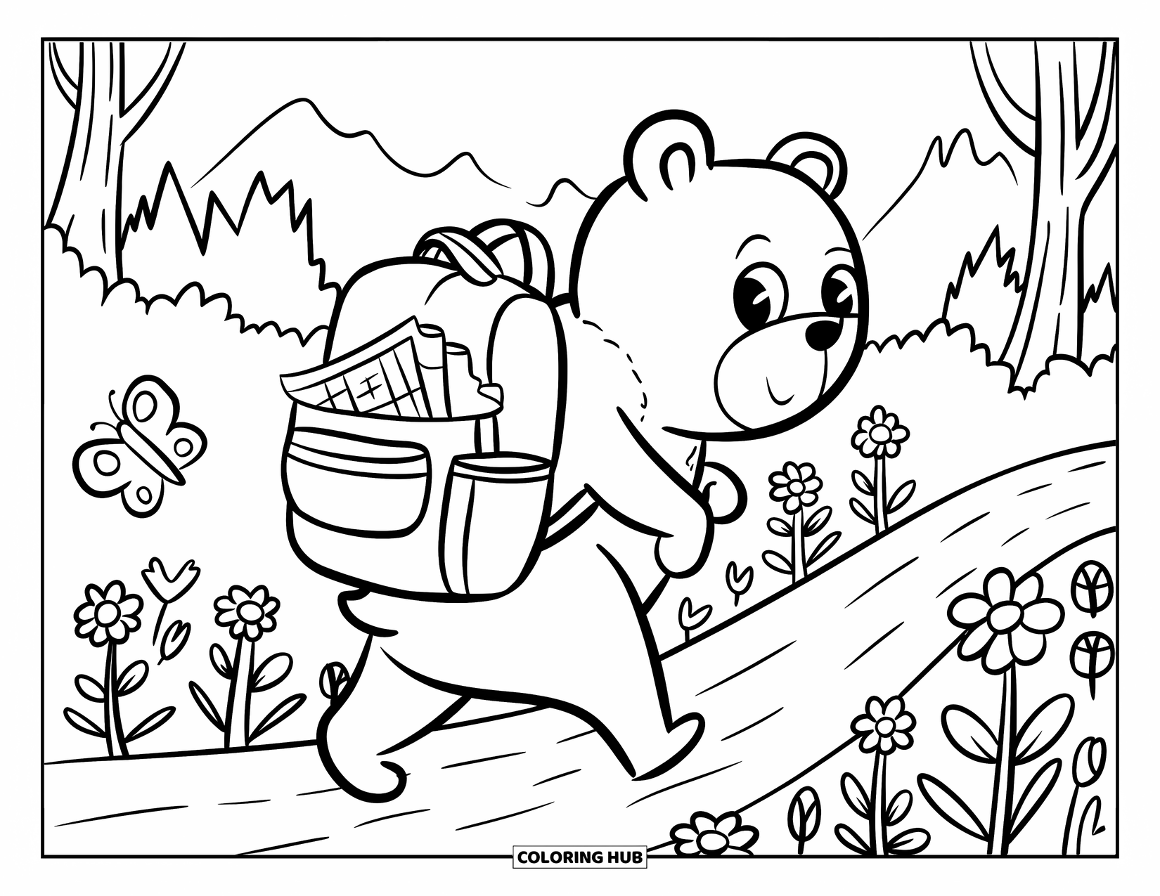 Disegno di orso da colorare per adulti: Un orso con un minuscolo zaino vaga per un sentiero sterrato tra fiori e montagne