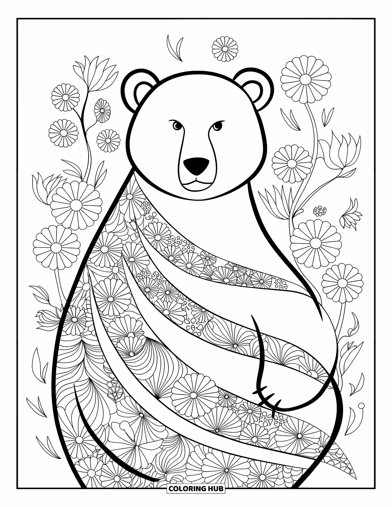 Disegno di orso da colorare per adulti: Un orso con motivi floreali è circondato da fiori su sfondo bianco