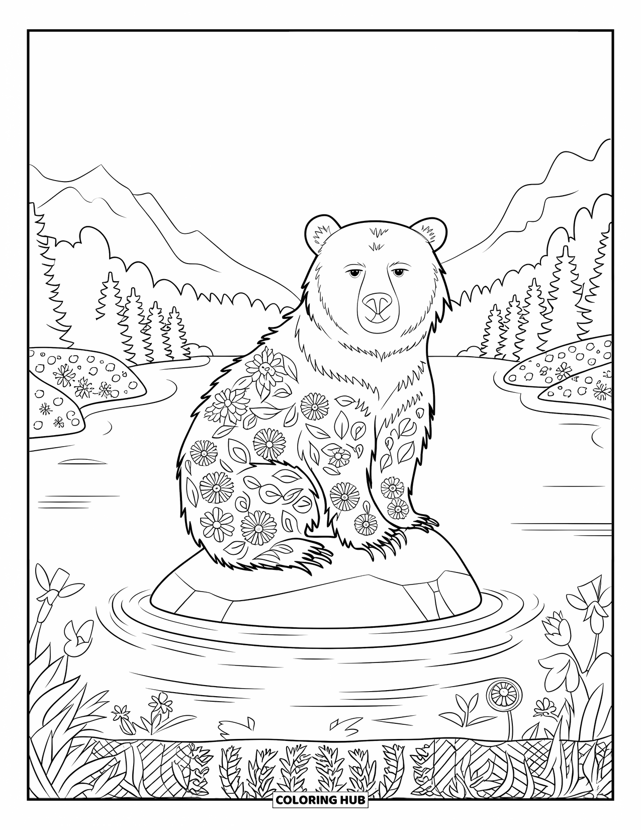 Disegno di orso da colorare per adulti: Un orso con motivi floreali siede su una roccia del lago tra vegetazione e montagne