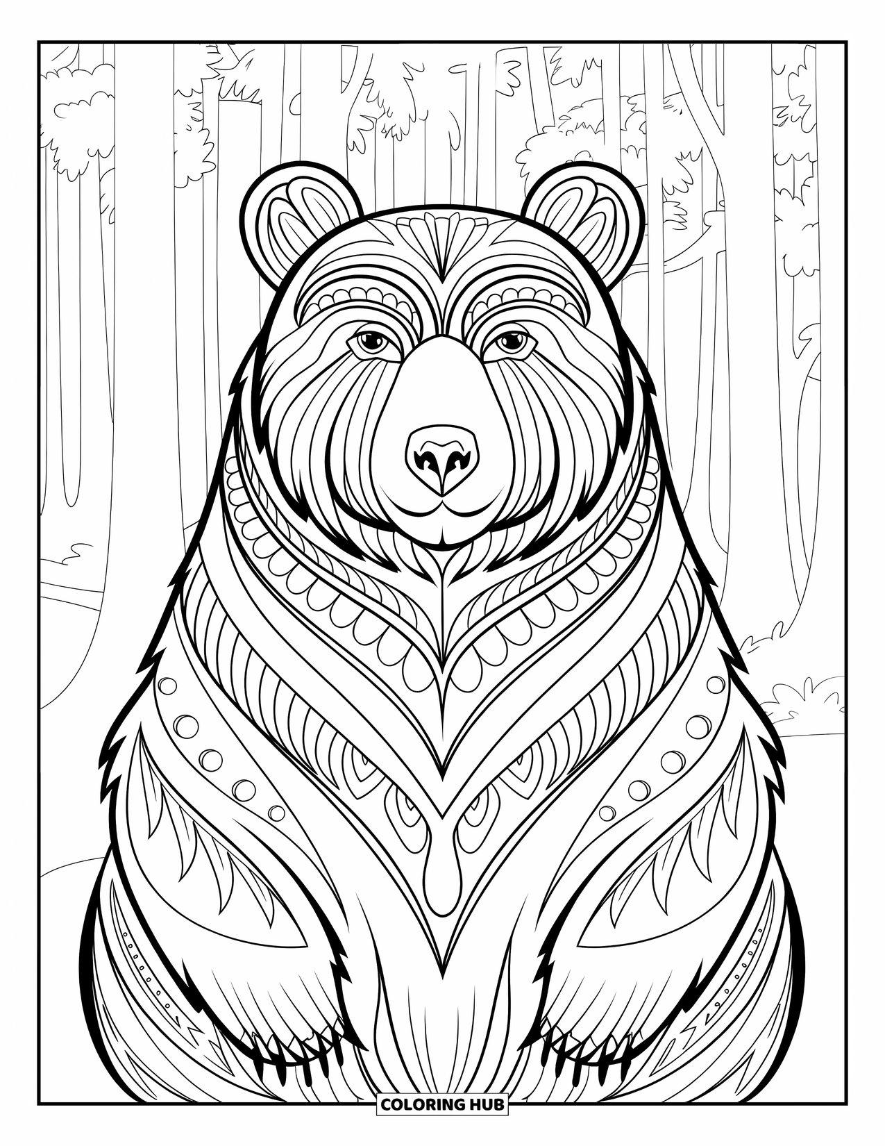Disegno di orso da colorare per adulti: Un orso con intricati motivi tribali è seduto eretto in una fitta foresta meditativa
