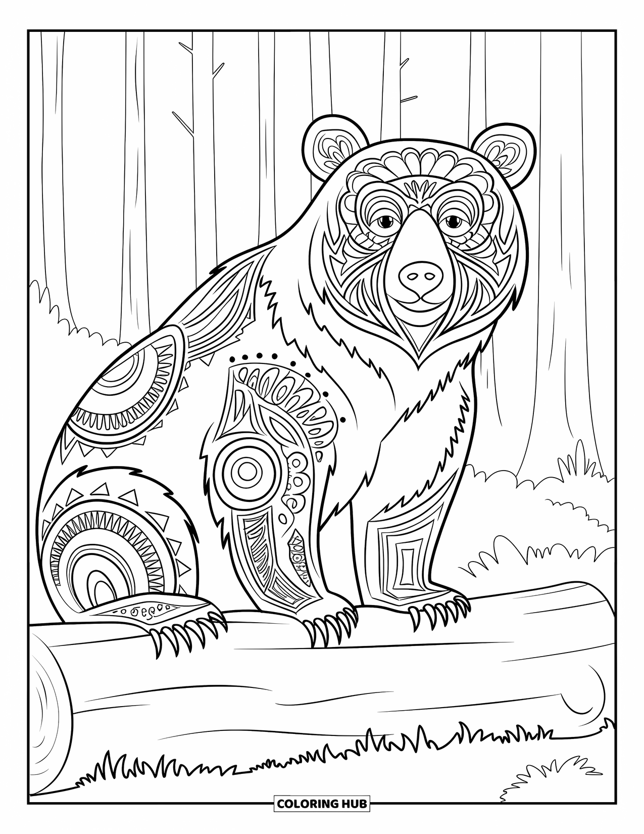 Disegno di orso da colorare per adulti: Un orso con motivi tribali è seduto su un tronco in un'alta foresta