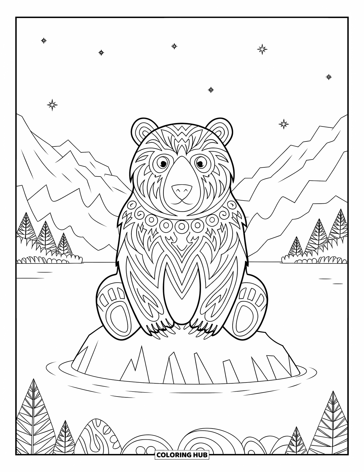 Disegno di orso da colorare per adulti: Un orso con motivi tribali siede su una roccia in un lago accanto alle montagne