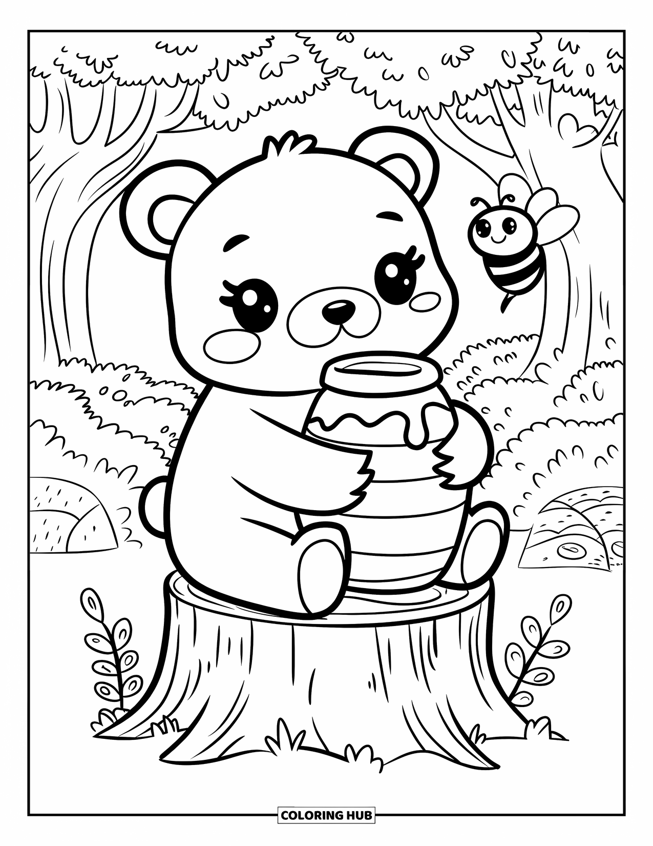 Disegno di orso da colorare per adulti: Un orso carino siede su un ceppo d'albero abbracciando un barattolo di miele