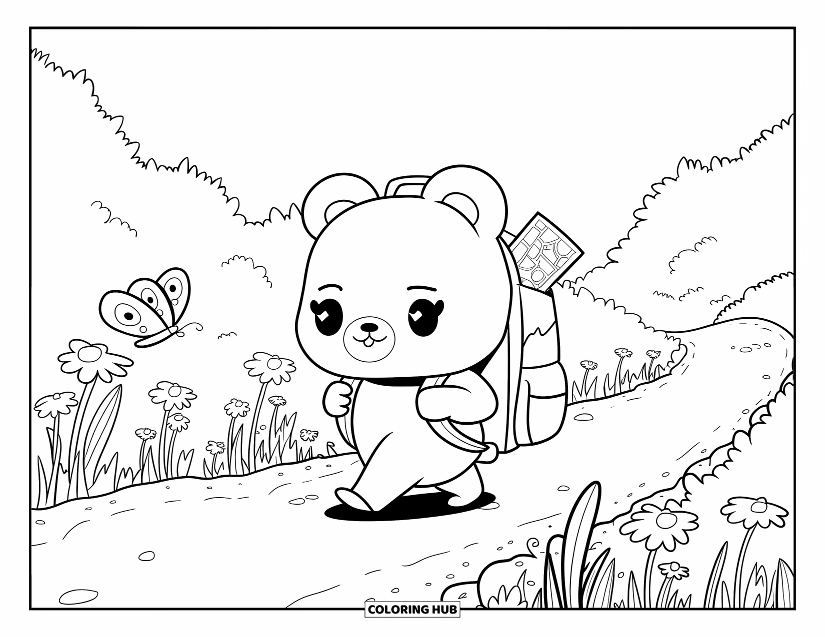 Disegno di orso da colorare per adulti: Un orso kawaii con un piccolo zaino percorre un sentiero fiancheggiato da fiori con una farfalla