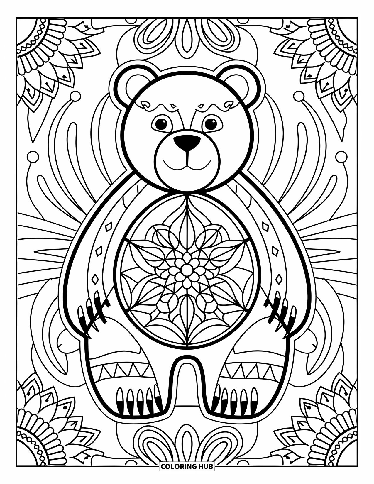 Disegno di orso da colorare per adulti: Un orso in stile mandala con motivi simmetrici è ambientato su intricati elementi artistici