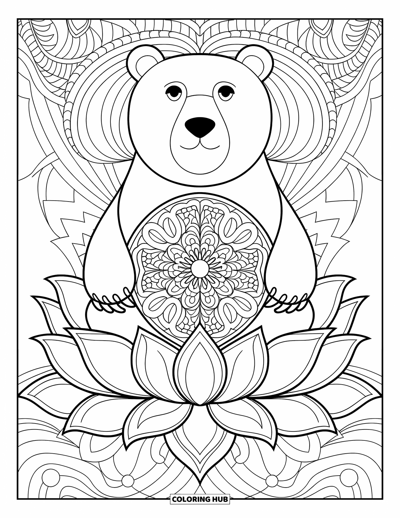 Disegno di orso da colorare per adulti: Un orso in stile mandala con motivi simmetrici è seduto su un fiore di loto tra turbinii