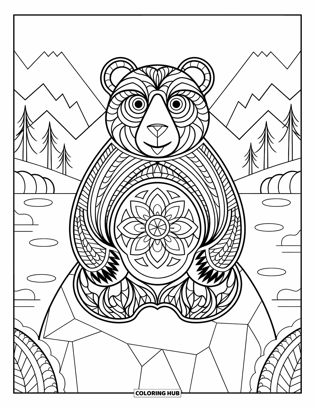 Disegno di orso da colorare per adulti: Un orso in stile mandala con motivi simmetrici è seduto su una roccia in mezzo a un paesaggio sereno