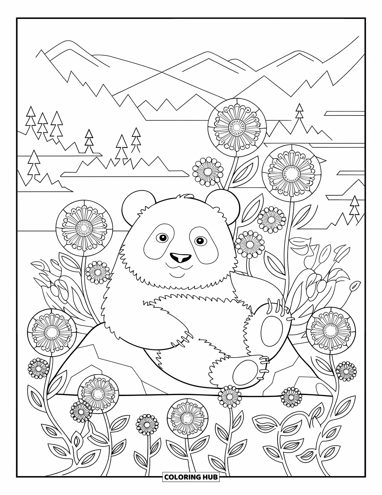 Disegno di orso da colorare per adulti: Un panda riposa su una roccia tra delicati motivi floreali in un paesaggio sereno