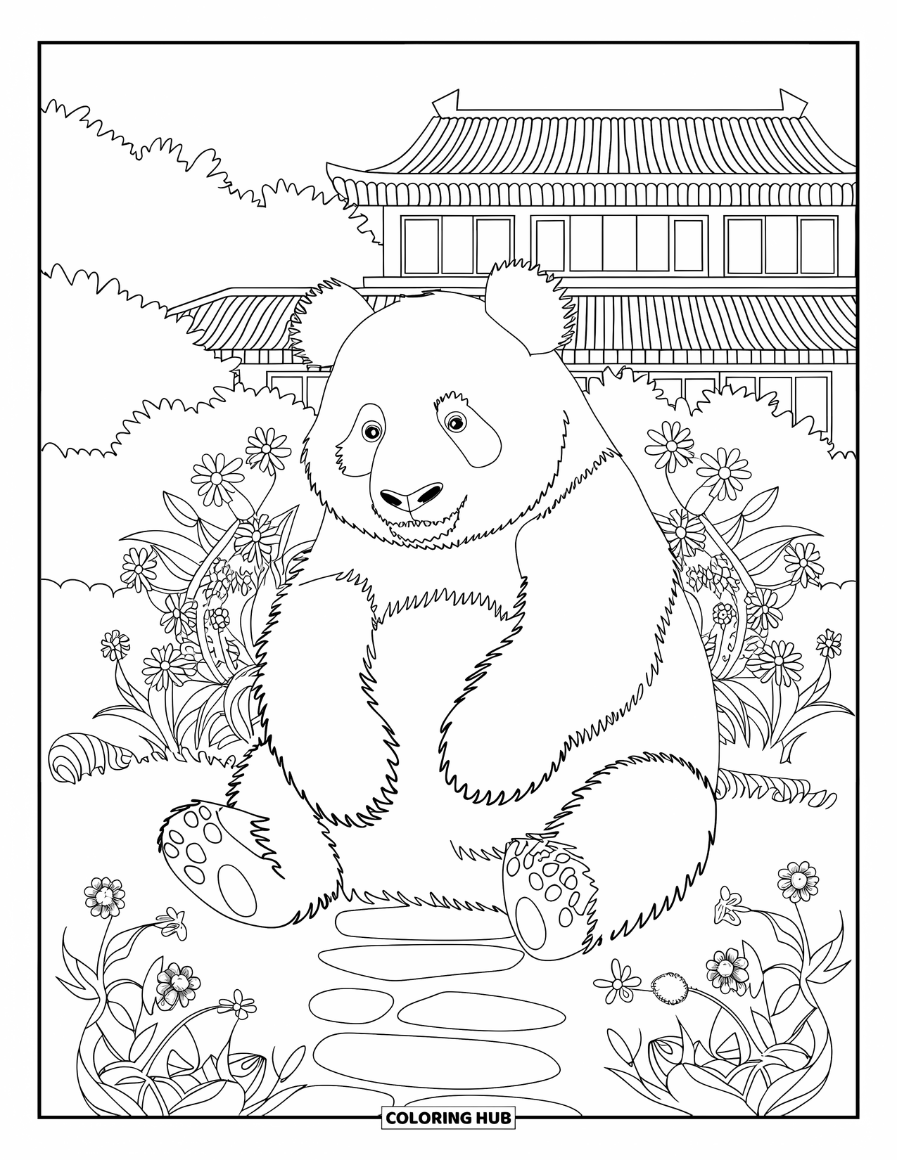 Disegno di orso da colorare per adulti: Un panda è seduto in mezzo a un giardino fiorito con un sentiero di pietra e un edificio cinese