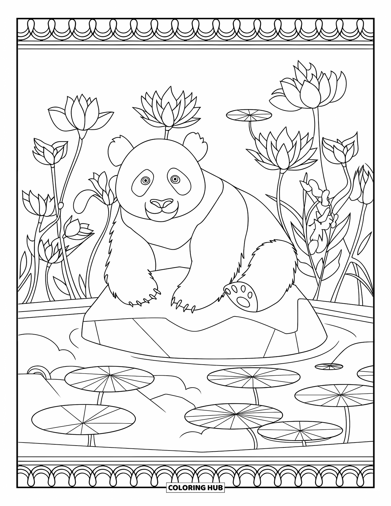 Disegno di orso da colorare per adulti: Un panda è seduto su una roccia in uno stagno di fiori di loto circondato da motivi floreali