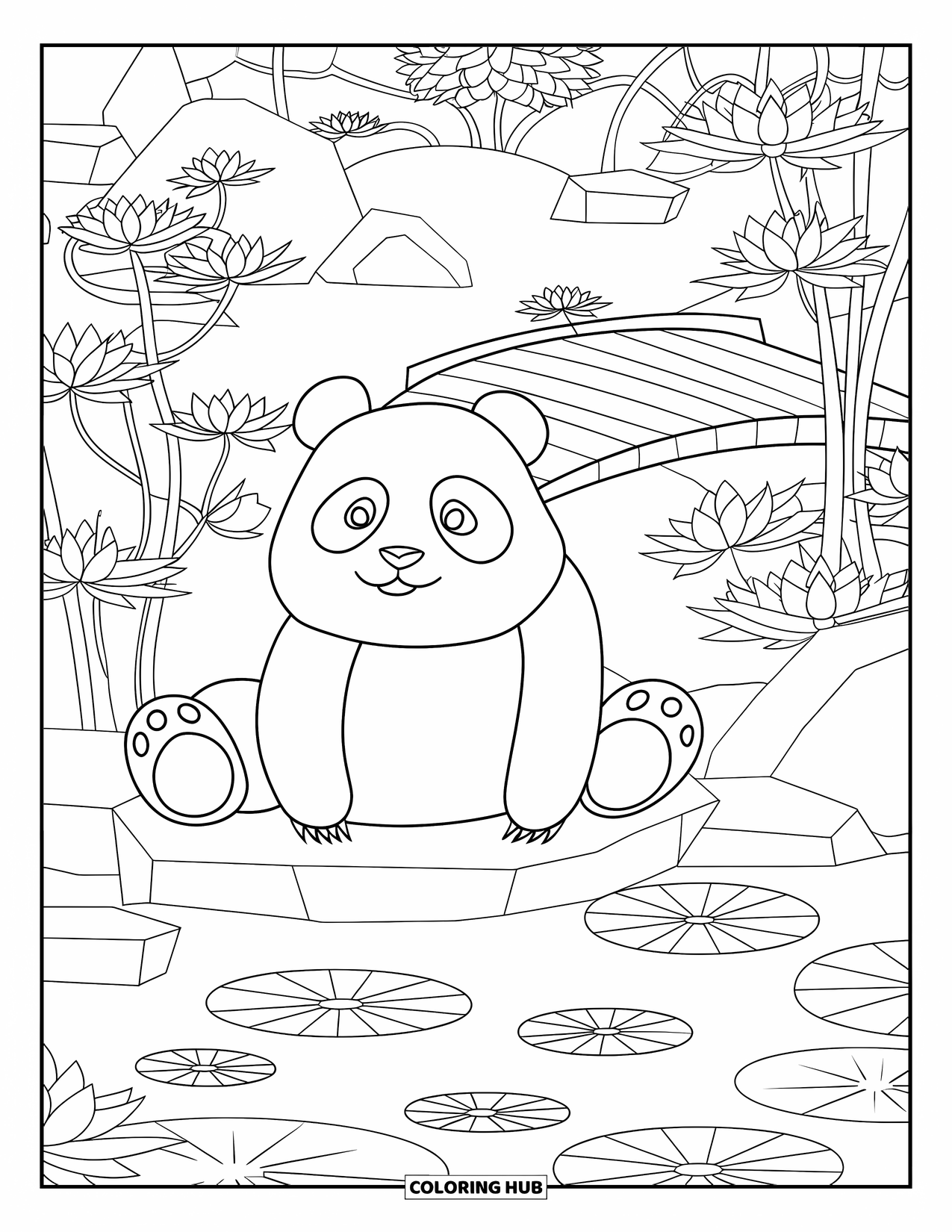 Disegno di orso da colorare per adulti: Un panda è seduto su una pietra accanto a uno stagno di fiori di loto in un giardino giapponese