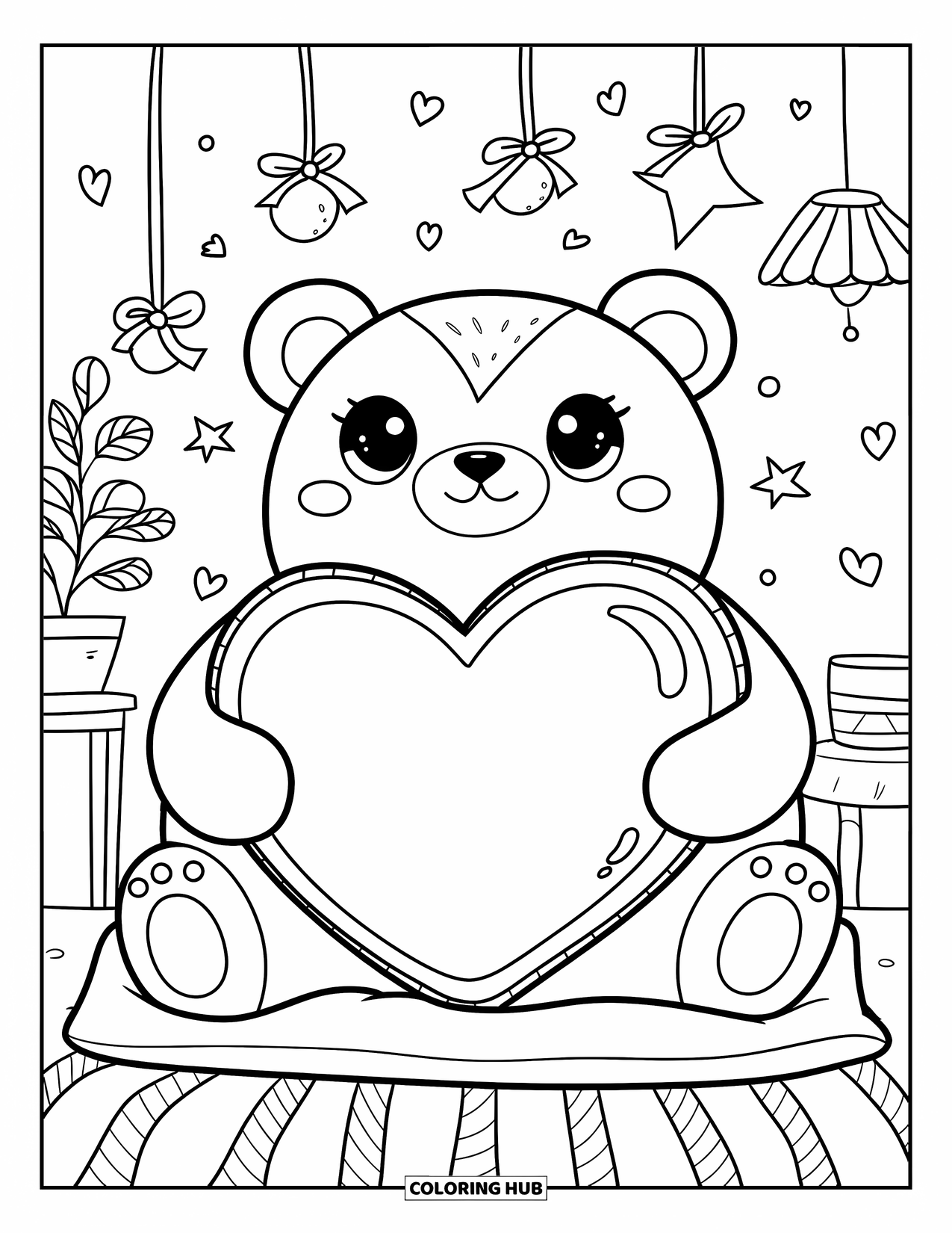 Disegno di orso da colorare per adulti: Un orso paffuto tiene un cuscino a forma di cuore in una stanza accogliente con una lampada