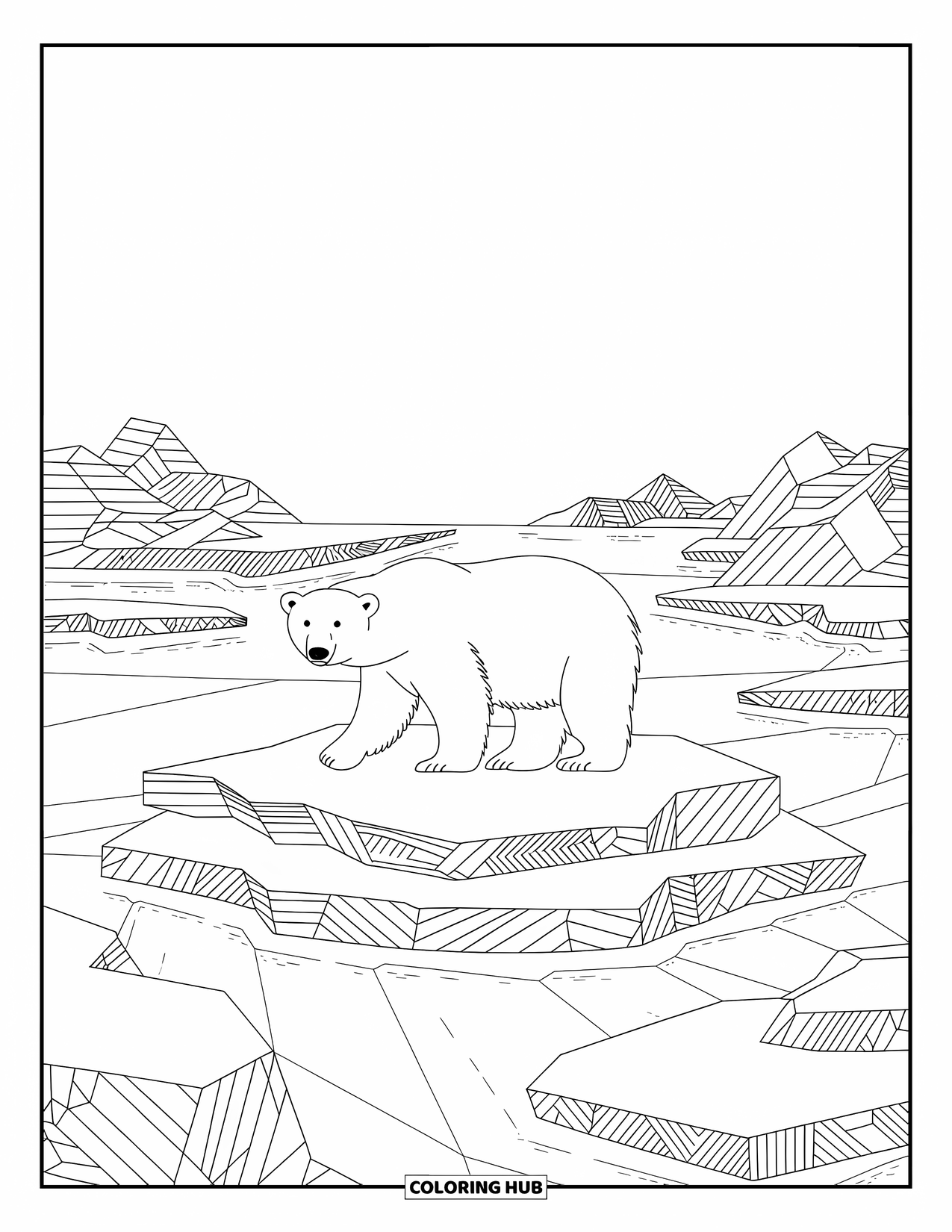 Disegno di orso da colorare per adulti: Un orso polare si erge su una piattaforma di ghiaccio in mezzo a un paesaggio a motivi con montagne