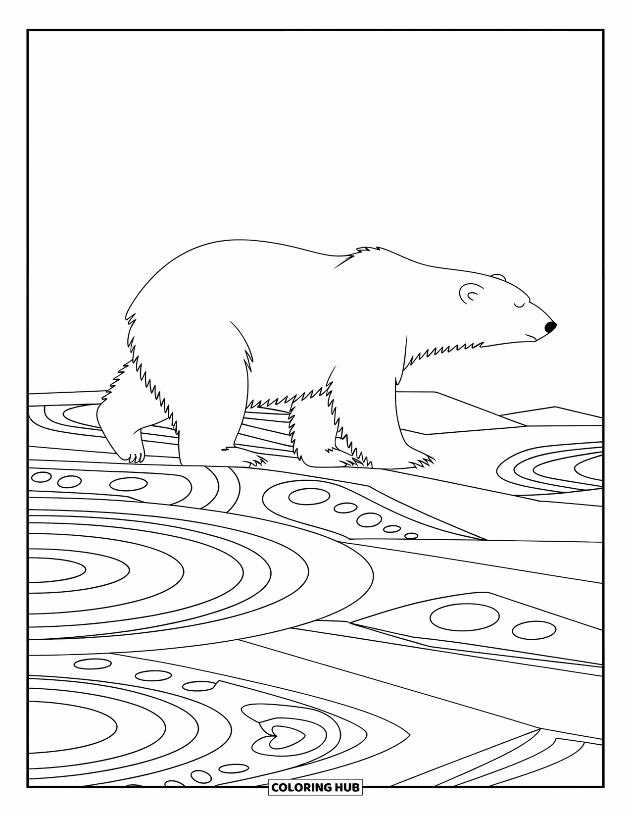 Disegno di orso da colorare per adulti: Un orso polare cammina su un terreno ghiacciato con motivi intricati sotto un cielo piatto