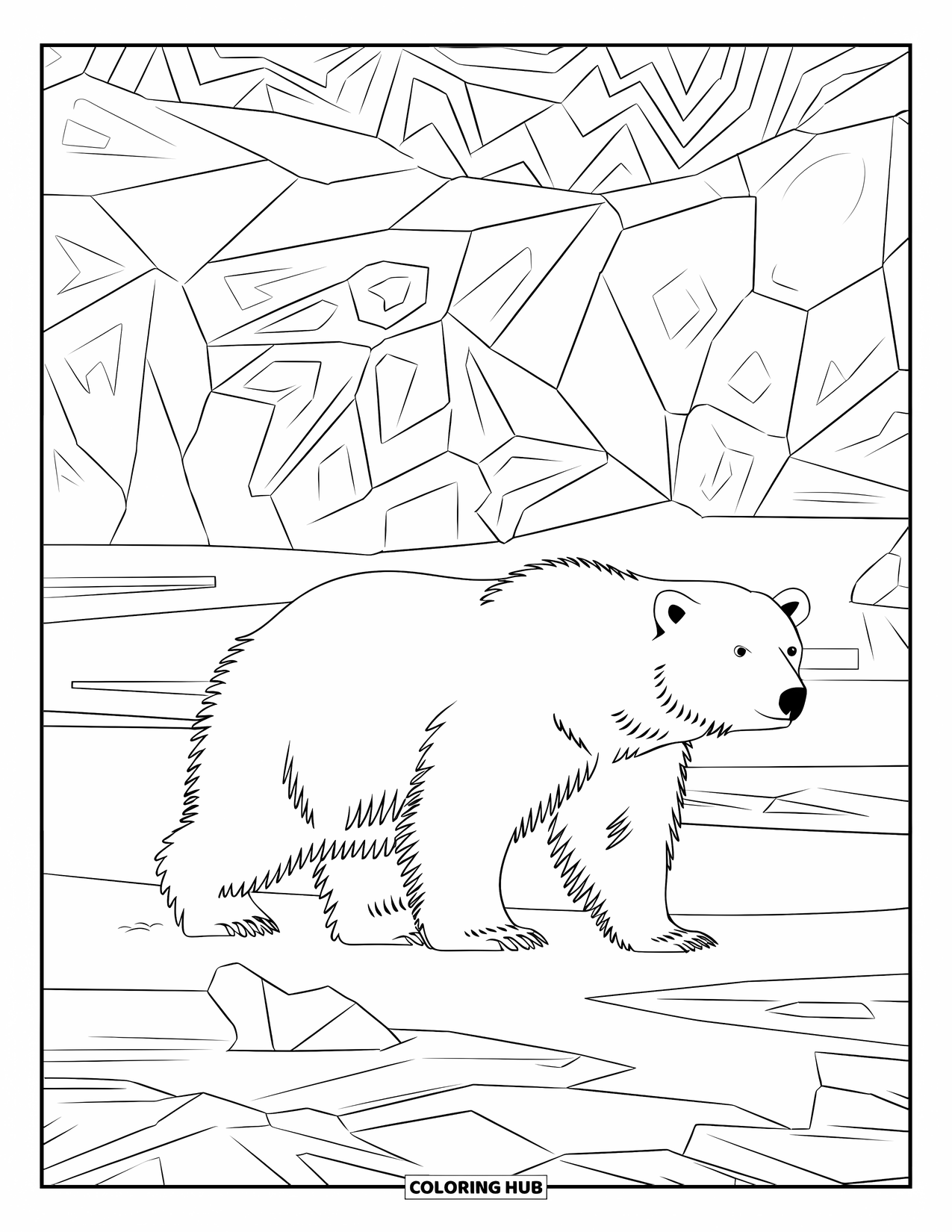 Disegno di orso da colorare per adulti: Un orso polare cammina su un terreno ghiacciato con motivi intricati in un paesaggio dettagliato