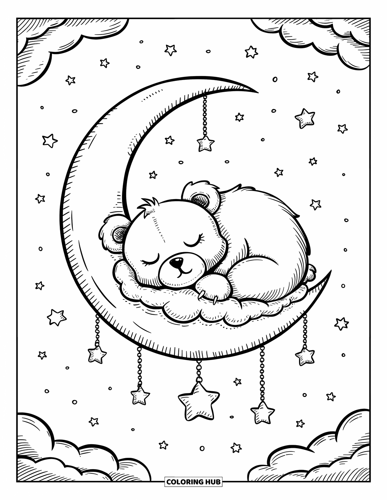 Disegno di orso da colorare per adulti: Un orso assonnato si raggomitola su una luna crescente con un ciondolo a forma di stella penzolante