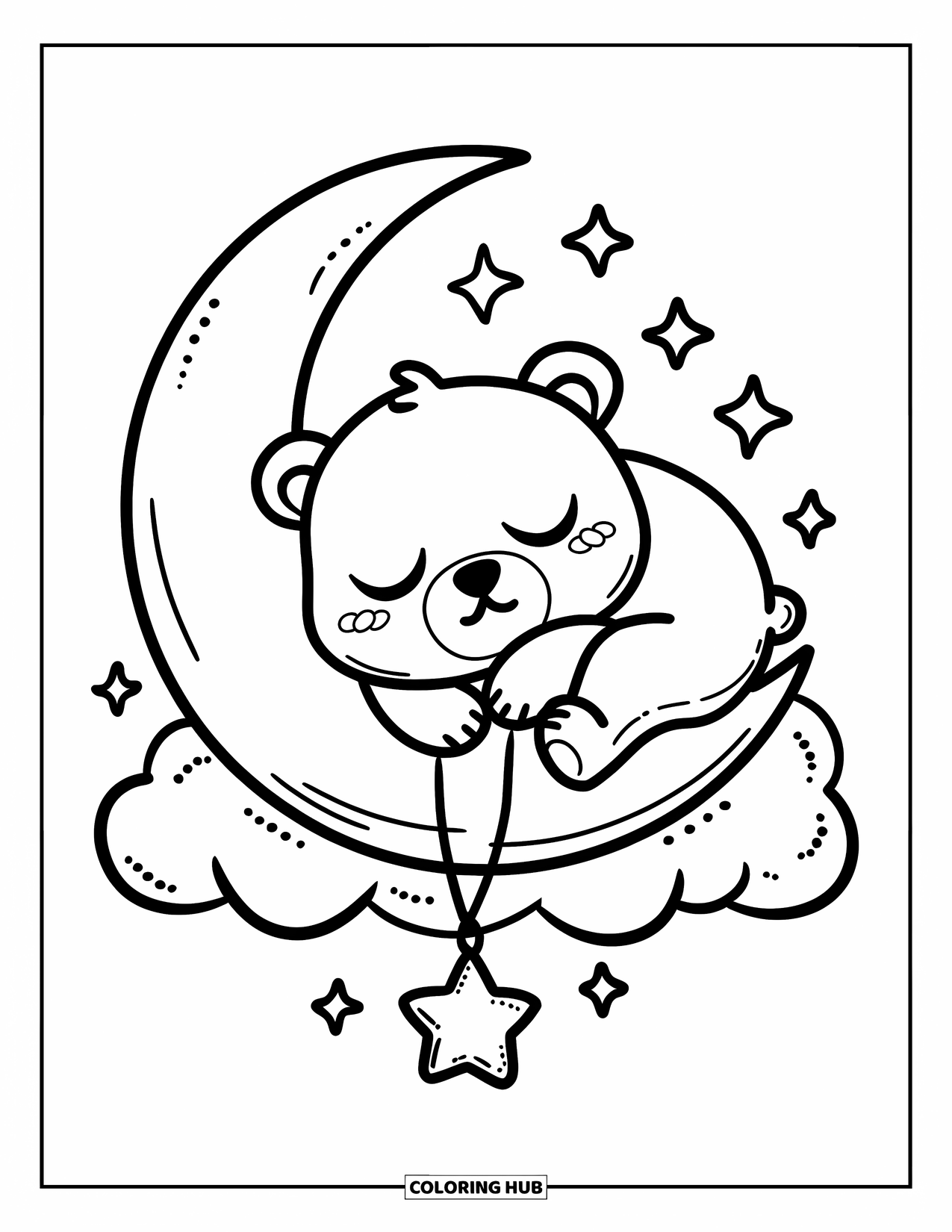 Disegno di orso da colorare per adulti: Un orso assonnato su una luna crescente tiene un ciondolo a forma di stella penzolante