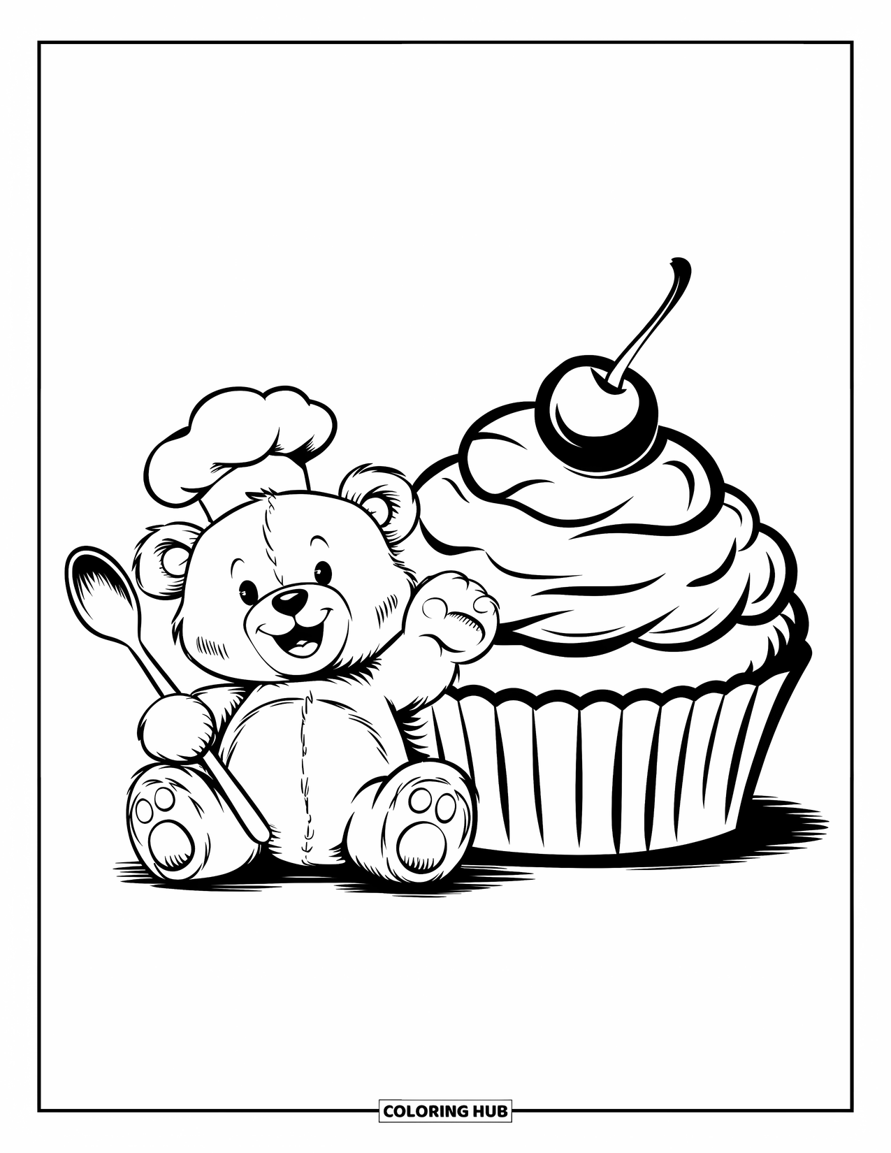 Disegno di orso da colorare per adulti: Un orsacchiotto con un cappello da chef siede accanto a un cupcake tenendo un cucchiaio