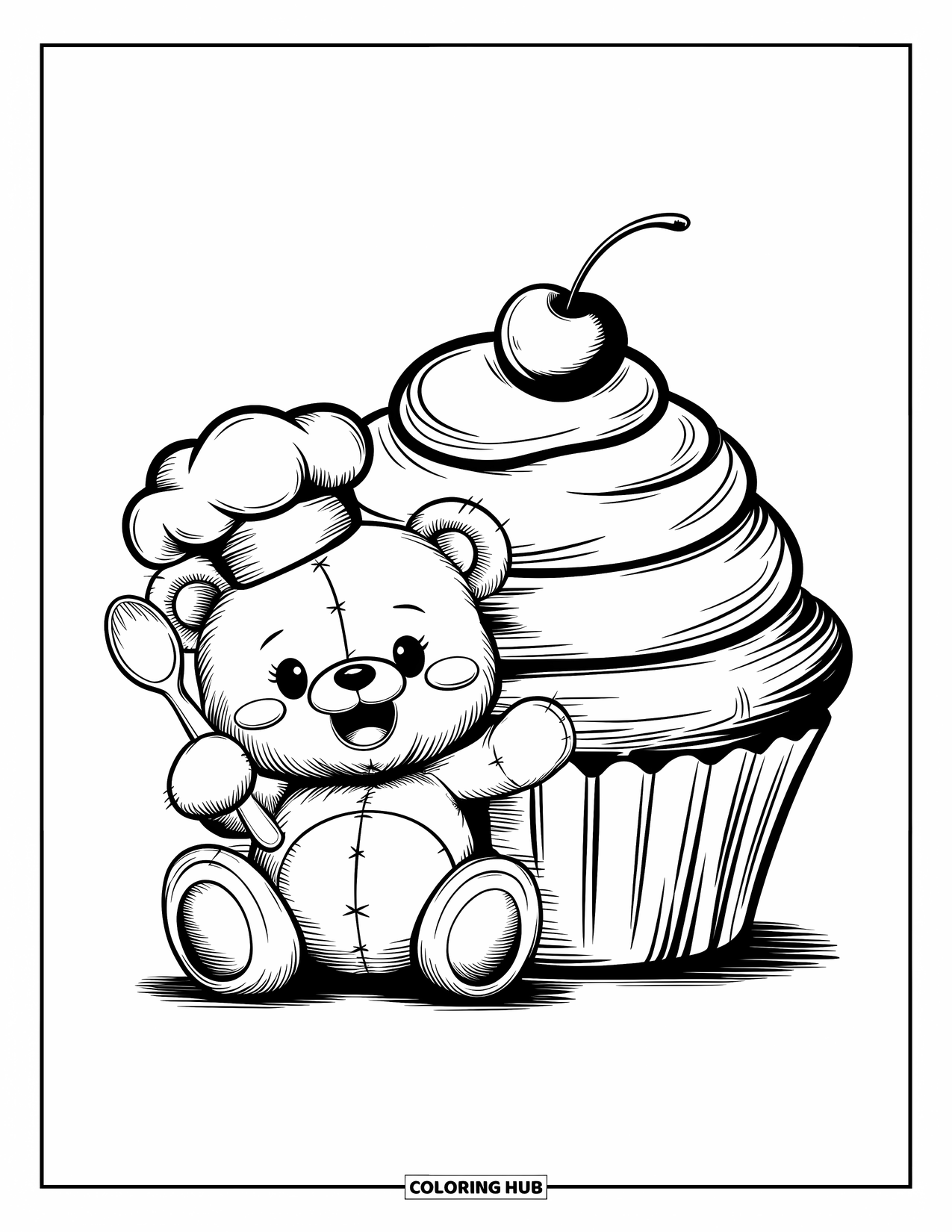 Disegno di orso da colorare per adulti: Un orsacchiotto con un cappello da chef siede accanto a un cupcake guarnito con spirali