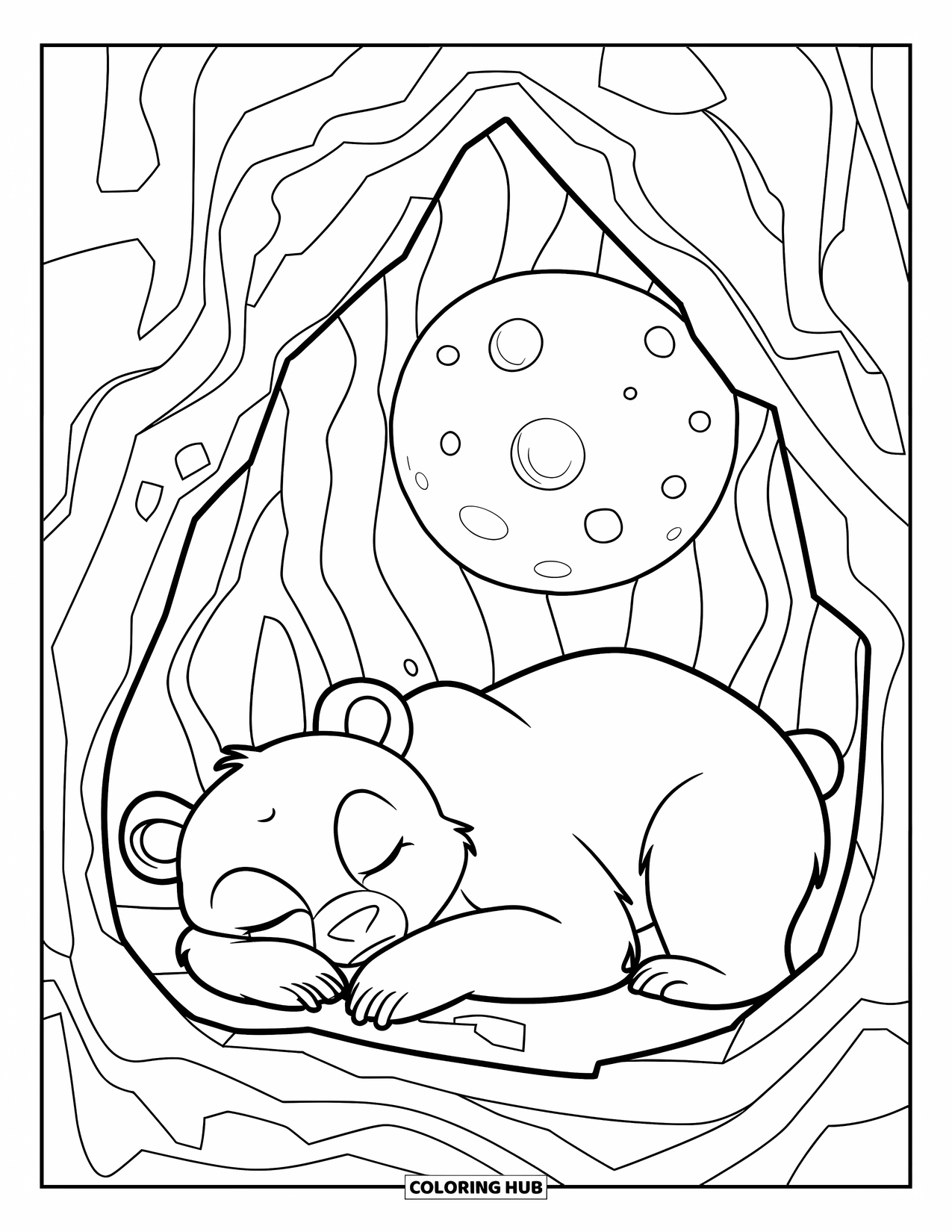 Disegno di orso da colorare per bambini: Un cucciolo d'orso dorme in una grotta accogliente sotto una grande luna craterizzata