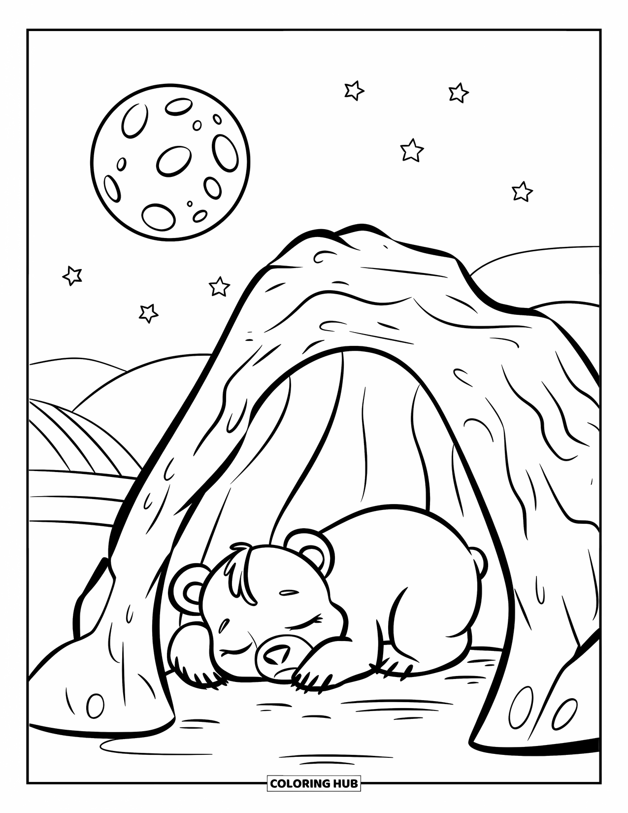 Disegno di orso da colorare per bambini: Un cucciolo d'orso dorme in una grotta accogliente su una collina sotto la luna e le stelle