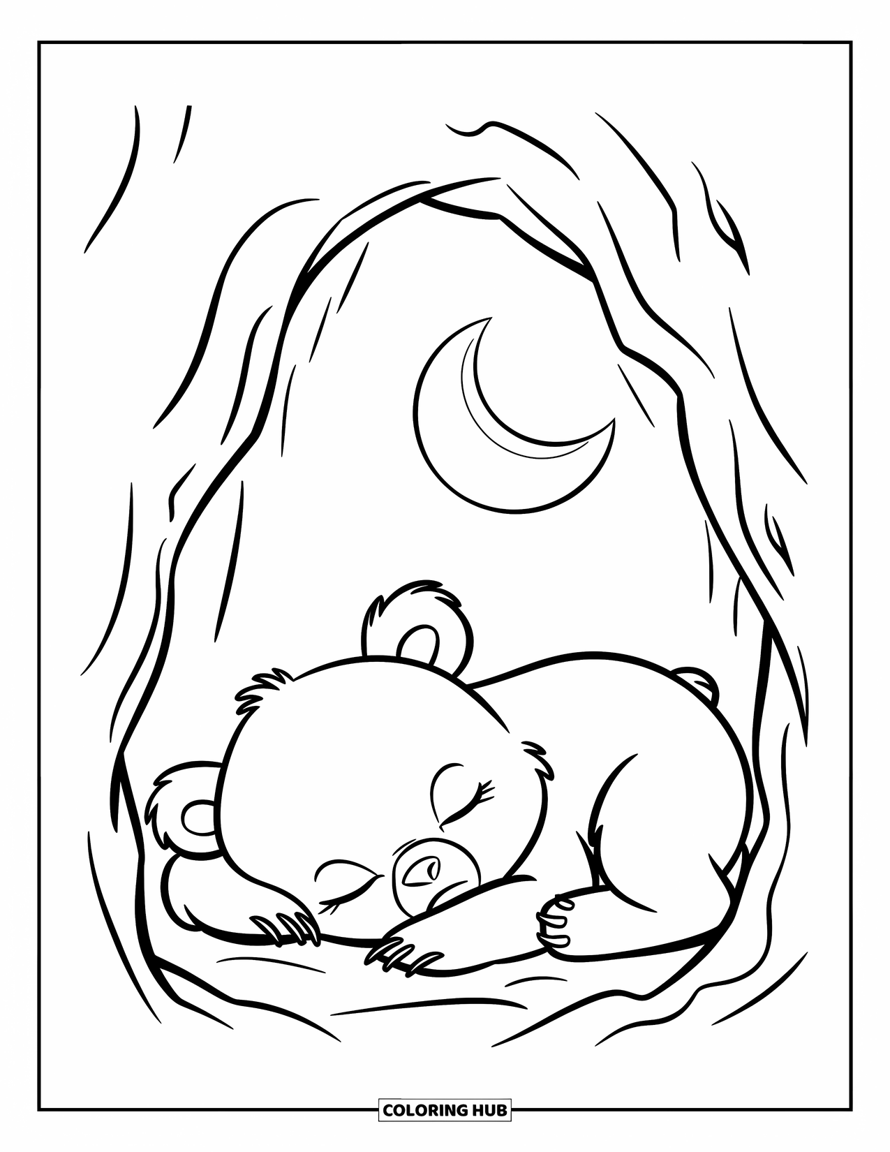 Disegno di orso da colorare per bambini: Un cucciolo d'orso dorme in una grotta accogliente sotto una luna crescente