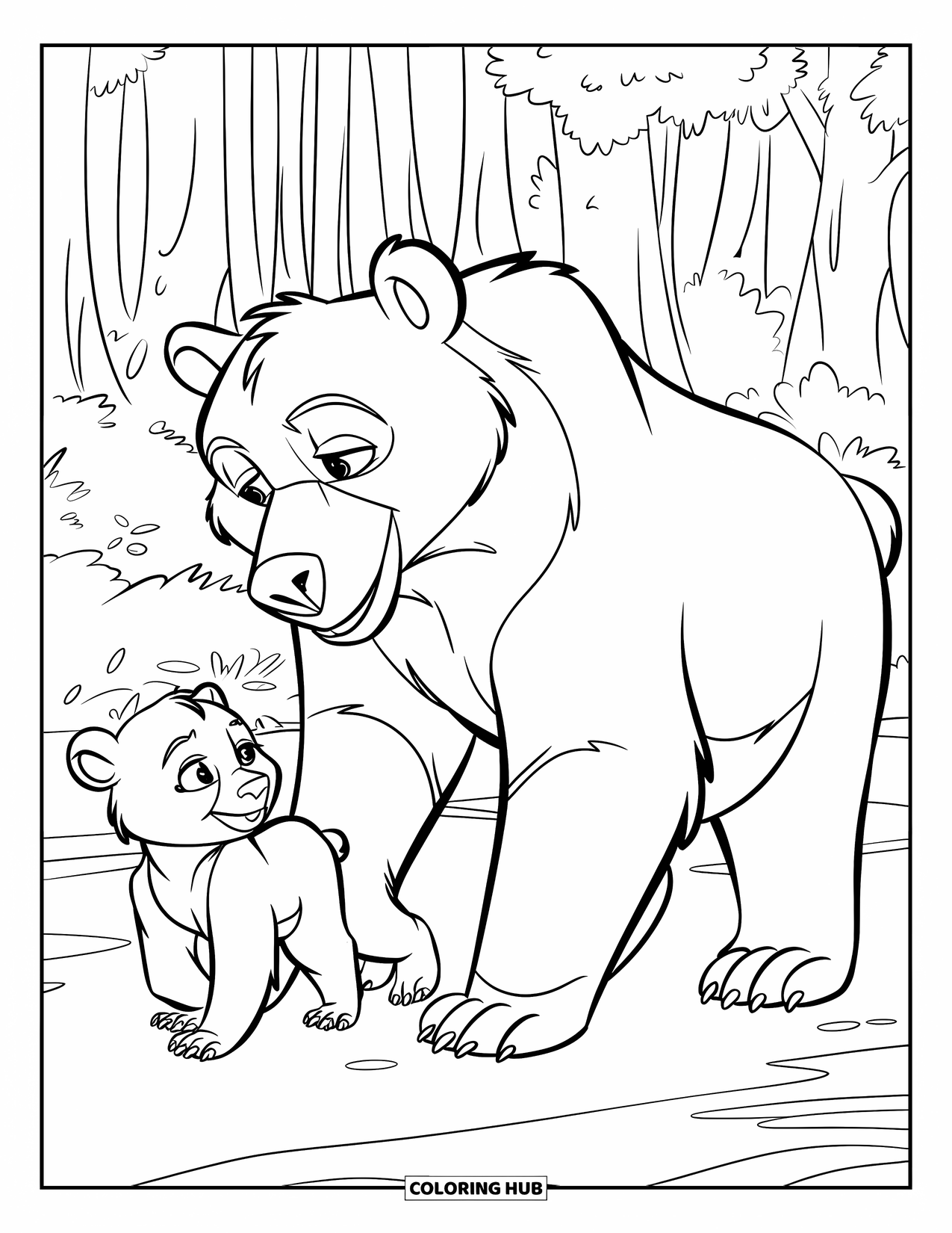 Disegno di orso da colorare per bambini: Un orso e il suo cucciolo passeggiano per i boschi, godendosi l'ambiente tranquillo