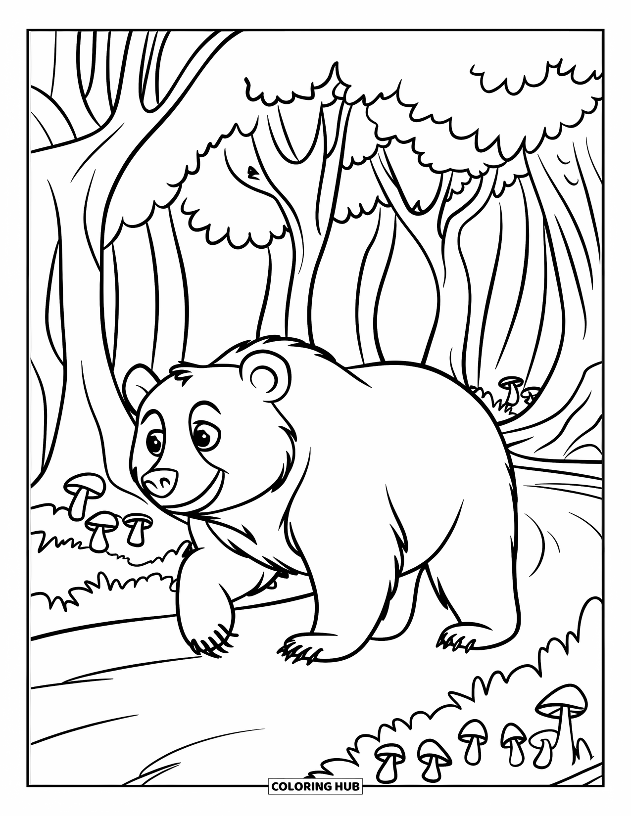 Disegno di orso da colorare per bambini: Un orso esplora la foresta, passando accanto a alberi imponenti e funghi sparsi