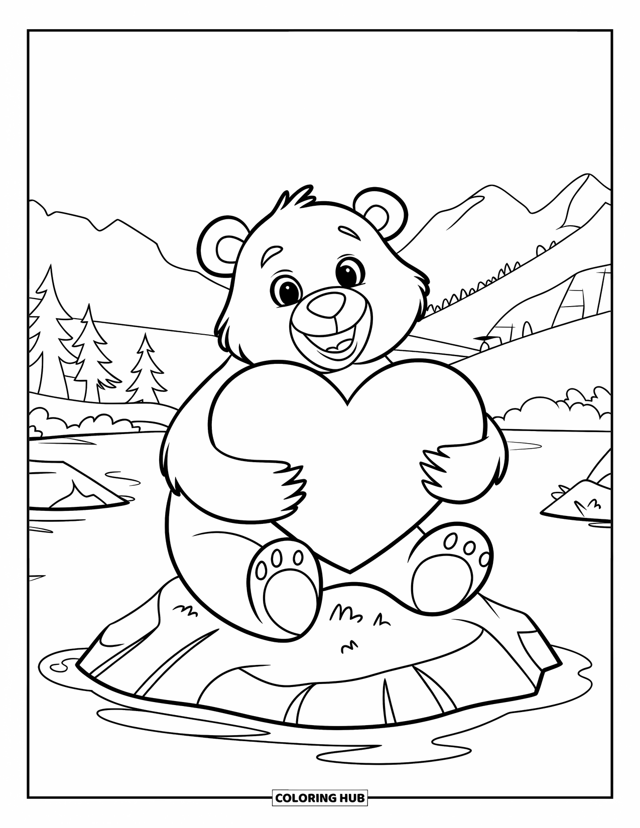 Disegno di orso da colorare per bambini: Un orso che tiene un grande cuore siede su una roccia in un paesaggio sereno