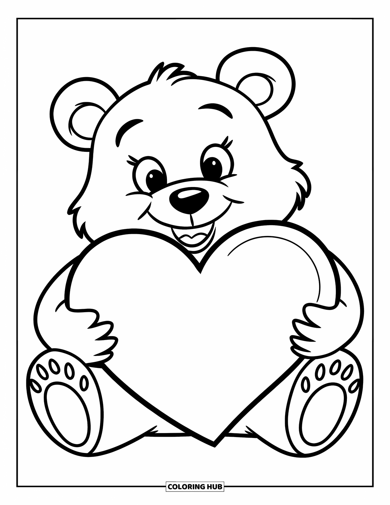 Disegno di orso da colorare per bambini: Un orso tiene un cuore grande quanto lui mentre è seduto