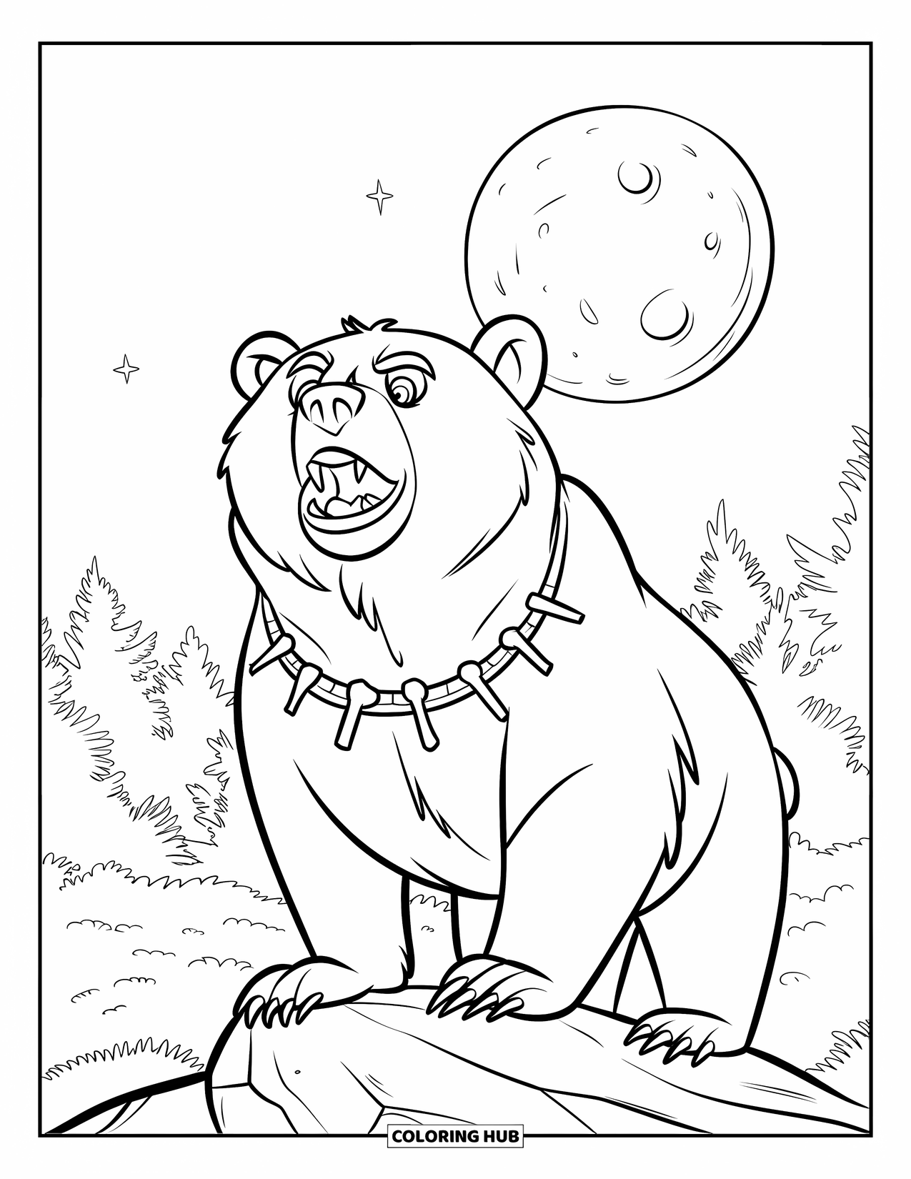 Disegno di orso da colorare per bambini: Un orso ulula alla luna piena, in piedi su una roccia nella foresta