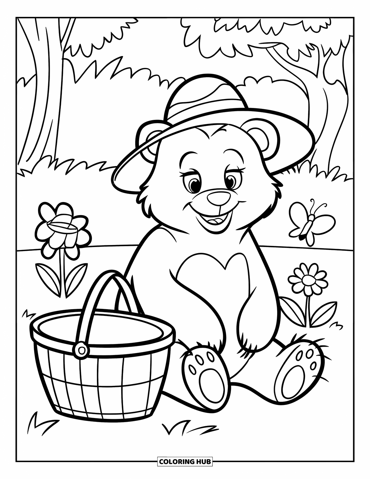 Disegno di orso da colorare per bambini: Un orso con un cappello siede sull'erba accanto a fiori e una farfalla