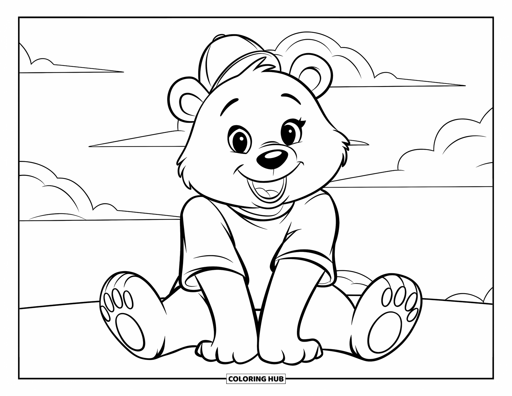 Disegno di orso da colorare per bambini: Un orso con una maglietta rossa e un cappello blu siede sotto un cielo nuvoloso