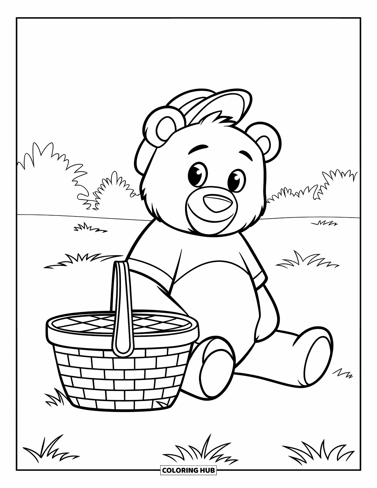 Disegno di orso da colorare per bambini: Un orso in rosso e verde siede sull'erba con un cesto da picnic a scacchi