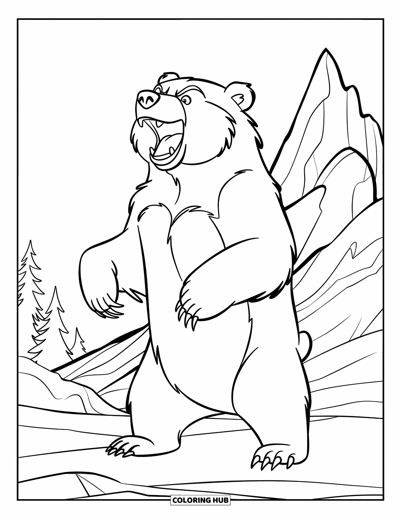 Disegno di orso da colorare per bambini: Un orso si alza in piedi, ruggendo sullo sfondo di aspre montagne
