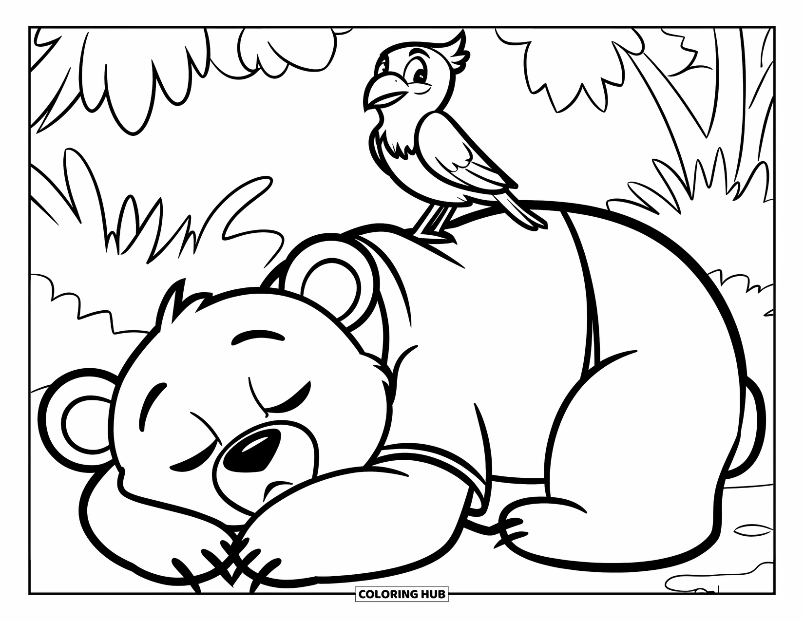 Disegno di orso da colorare per bambini: Un orso dorme profondamente nell'erba, con un piccolo uccello appoggiato sulla sua schiena