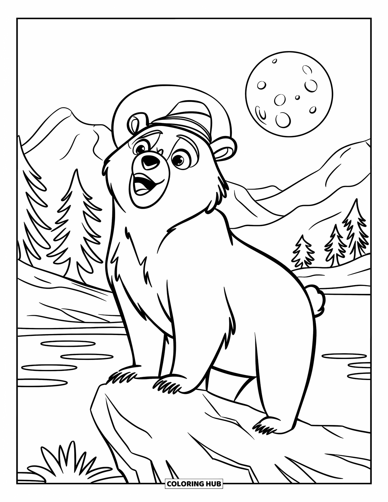 Disegno di orso da colorare per bambini: Un orso si erge su una roccia, ululando sotto una luna piena splendente