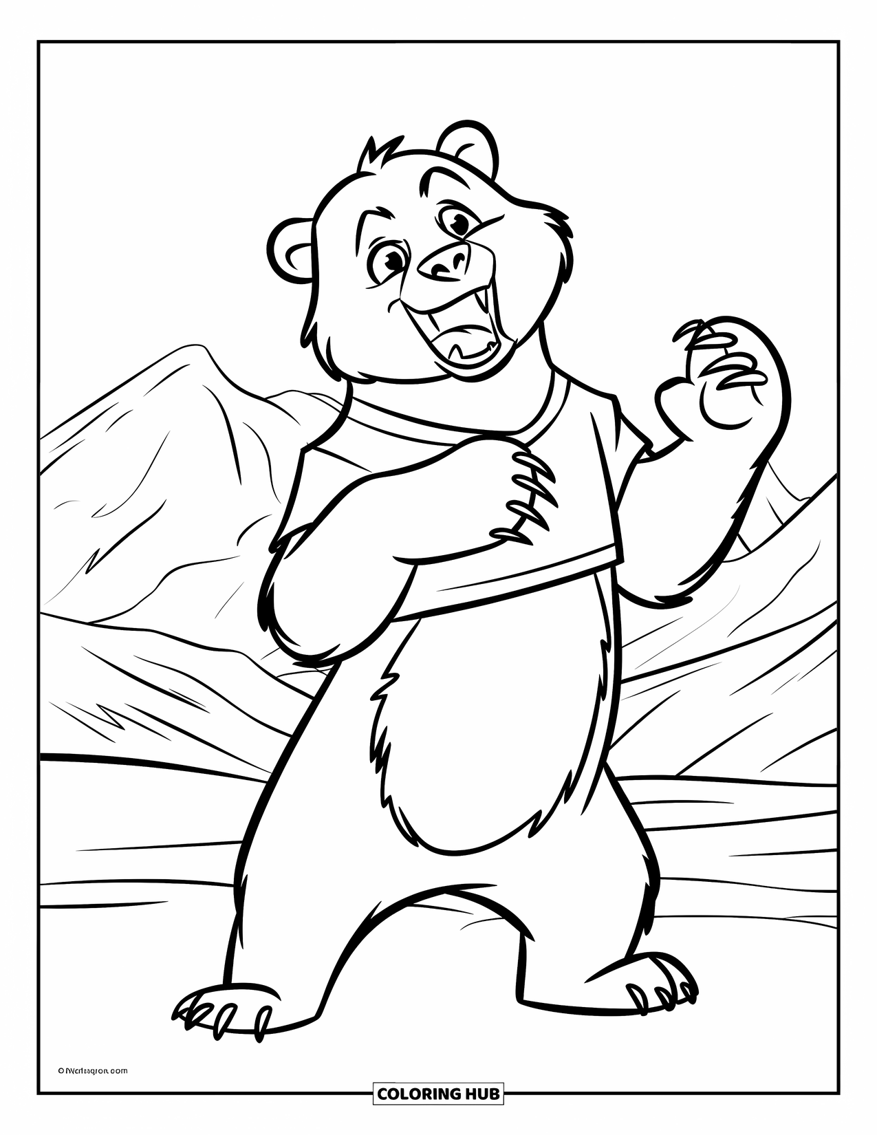 Disegno di orso da colorare per bambini: Un orso si erge sulle zampe posteriori, emettendo un potente ruggito