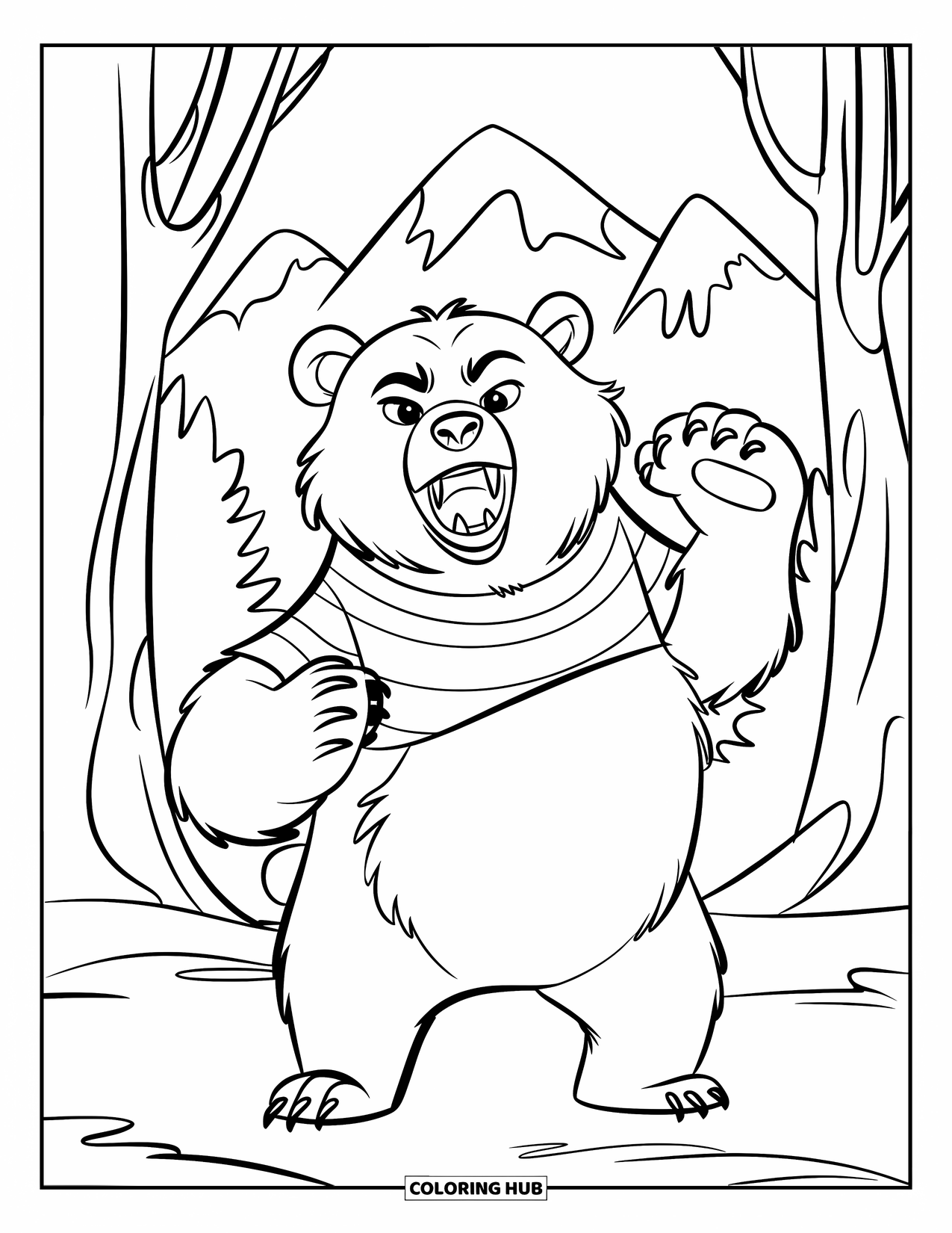 Disegno di orso da colorare per bambini: Un orso si erge sulle zampe posteriori, ruggendo tra alberi imponenti e montagne lontane