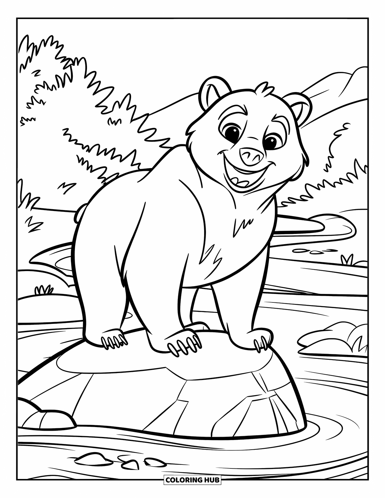 Disegno di orso da colorare per bambini: Un orso si erge orgogliosamente su una roccia mentre un fiume scorre pacificamente dietro di lui