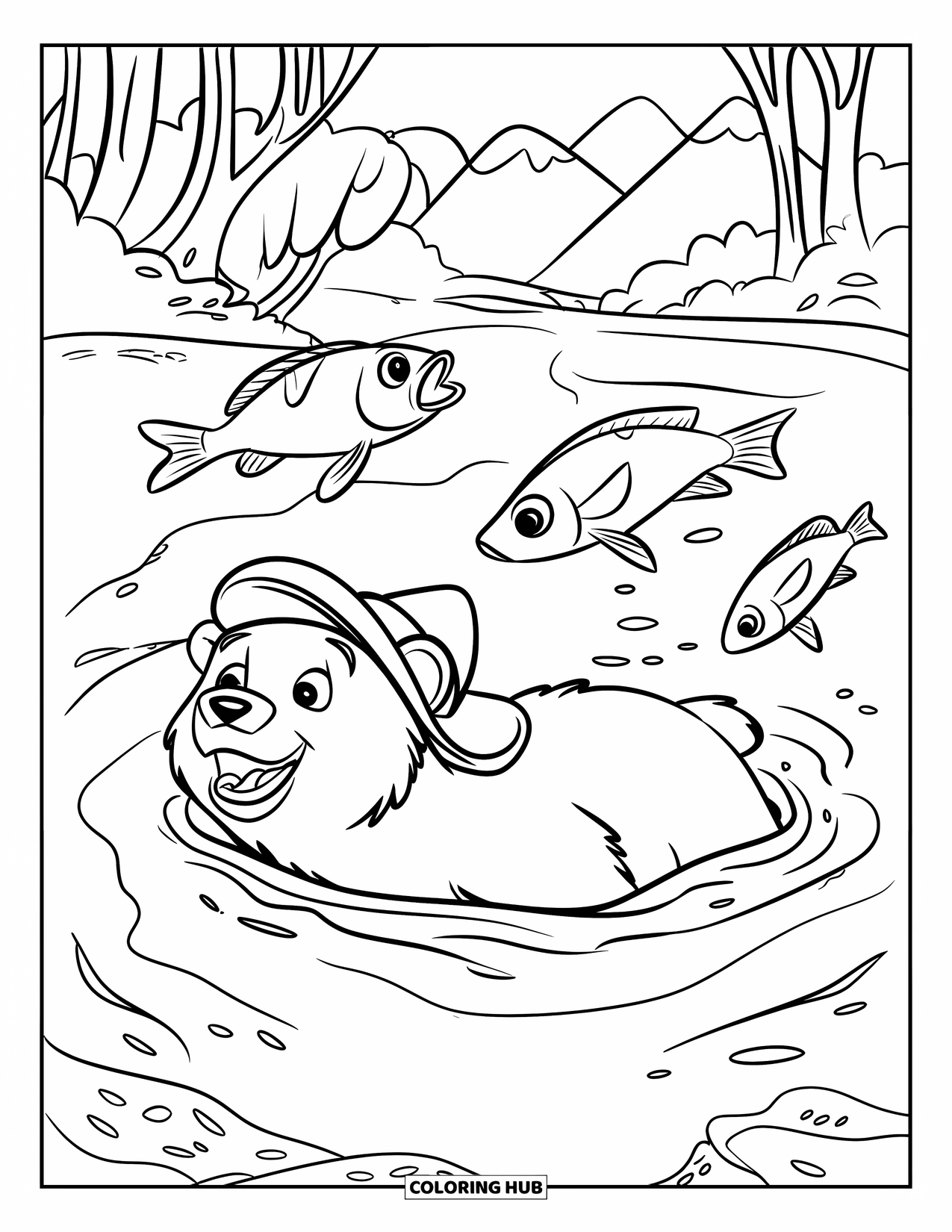 Disegno di orso da colorare per bambini: Un orso nuota in un fiume mentre tre pesci vivaci saltano intorno
