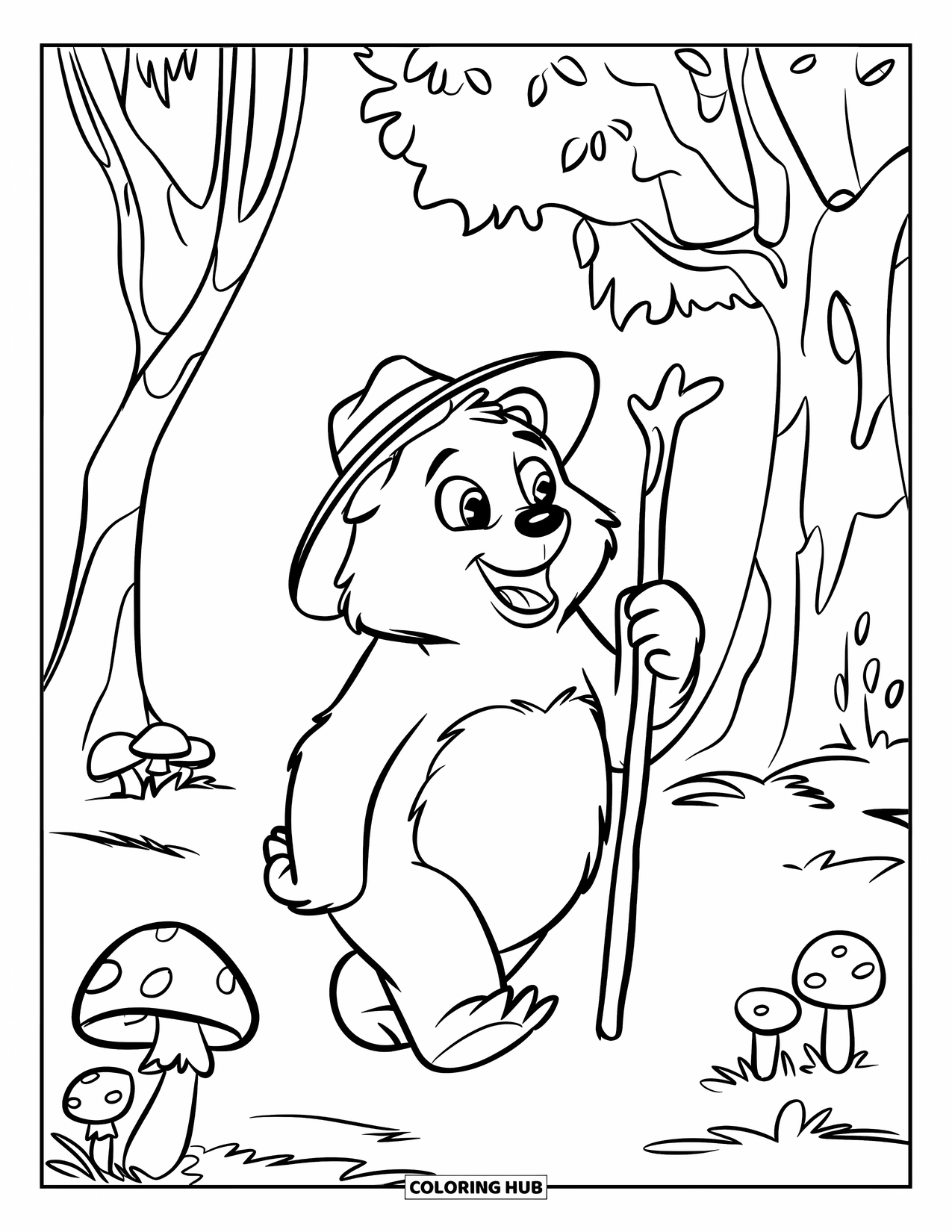 Disegno di orso da colorare per bambini: Un orso cammina attraverso la foresta, portando un bastone da passeggio e indossando un cappello