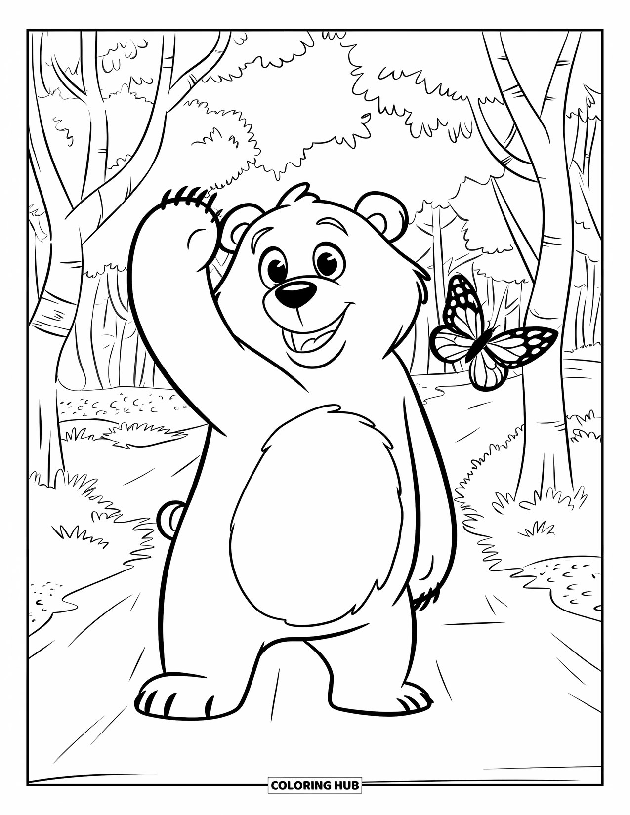 Disegno di orso da colorare per bambini: Un grande orso saluta su un sentiero forestale, con alberi che fiancheggiano entrambi i lati