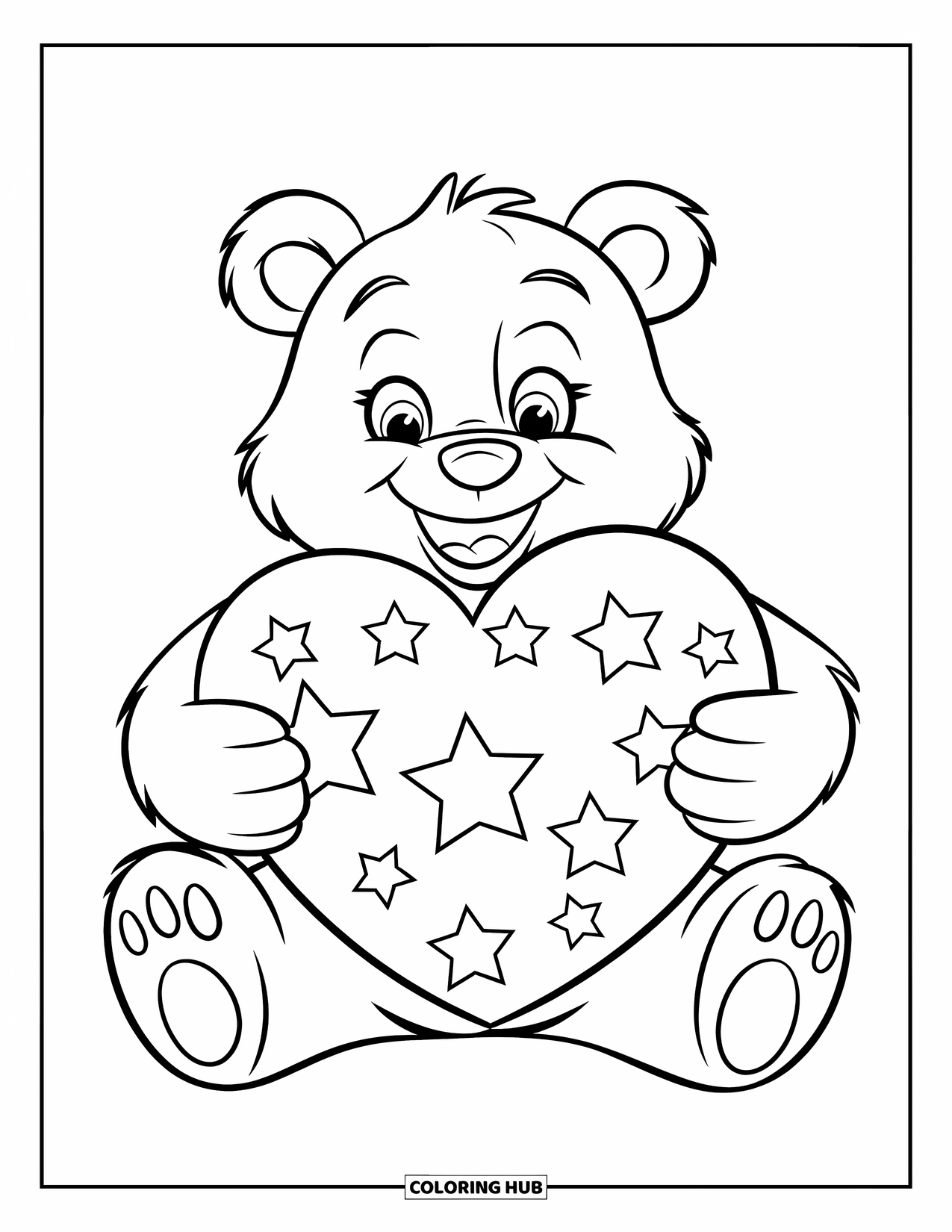Disegno di orso da colorare per bambini: Un orso allegro tiene un cuore pieno di stelle mentre è seduto